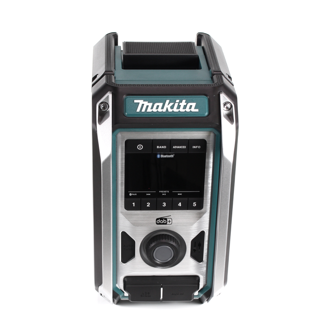 Ein Makita-Radio. Es hat ein schwarz-türkises Design, einen Bildschirm, Knöpfe und ein Rad. Der Markenname ist oben sichtbar.