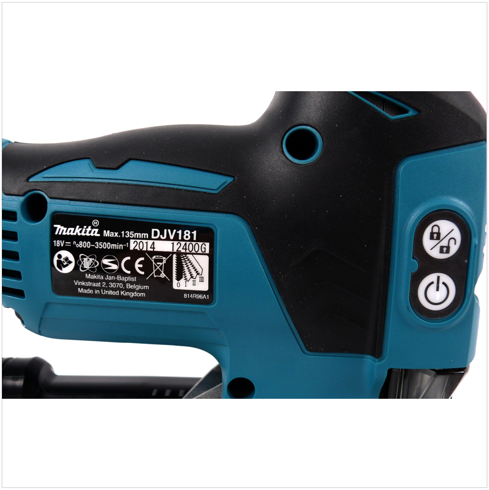 Nahaufnahme eines teal- und schwarzen Makita-Elektrowerkzeugs, das das Markenlabel, die Modellnummer und die Bedientasten zeigt.