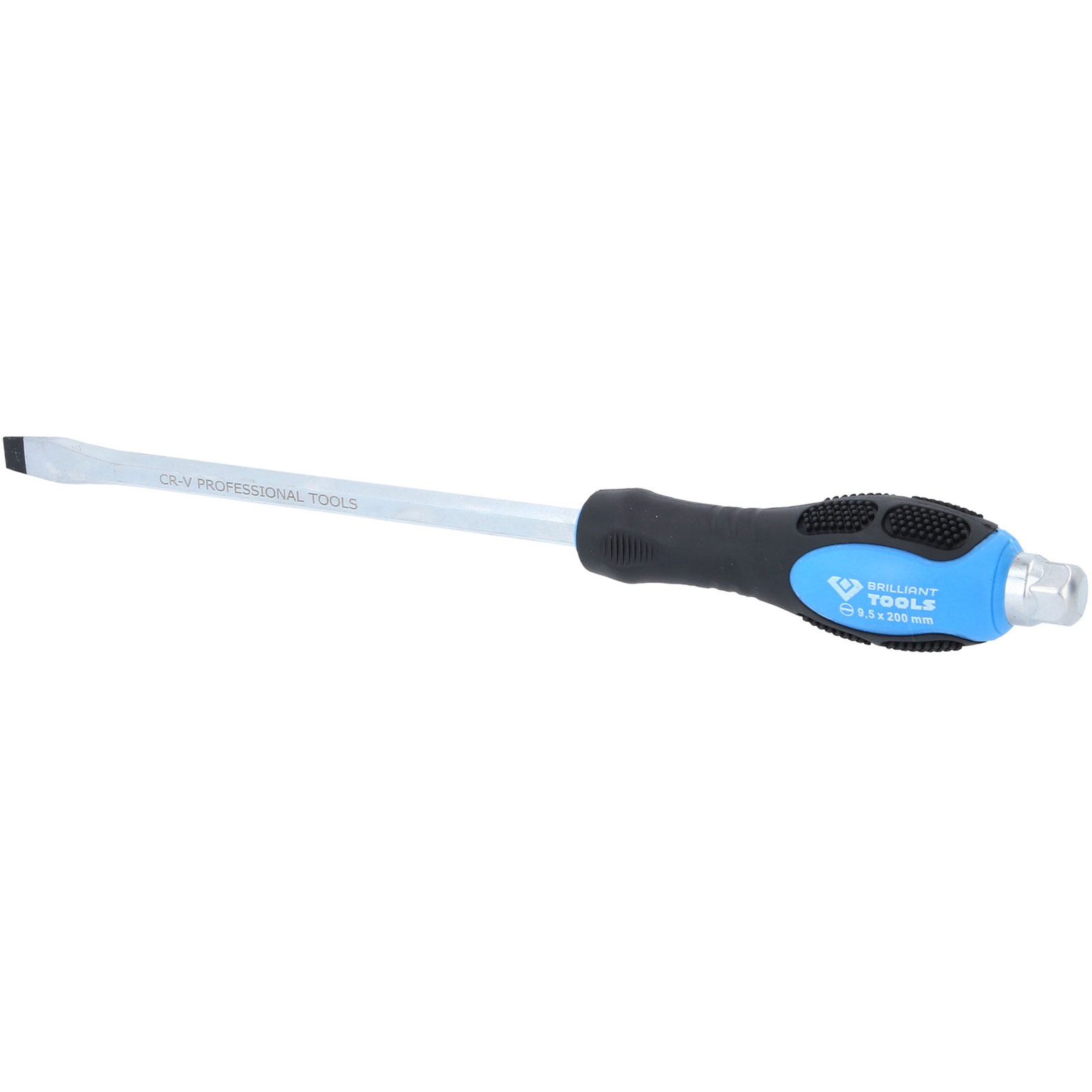 Un cacciavite con impugnatura nera e blu, albero argentato e testa piatta. L'utensile è etichettato "BRILLIANT TOOLS".
