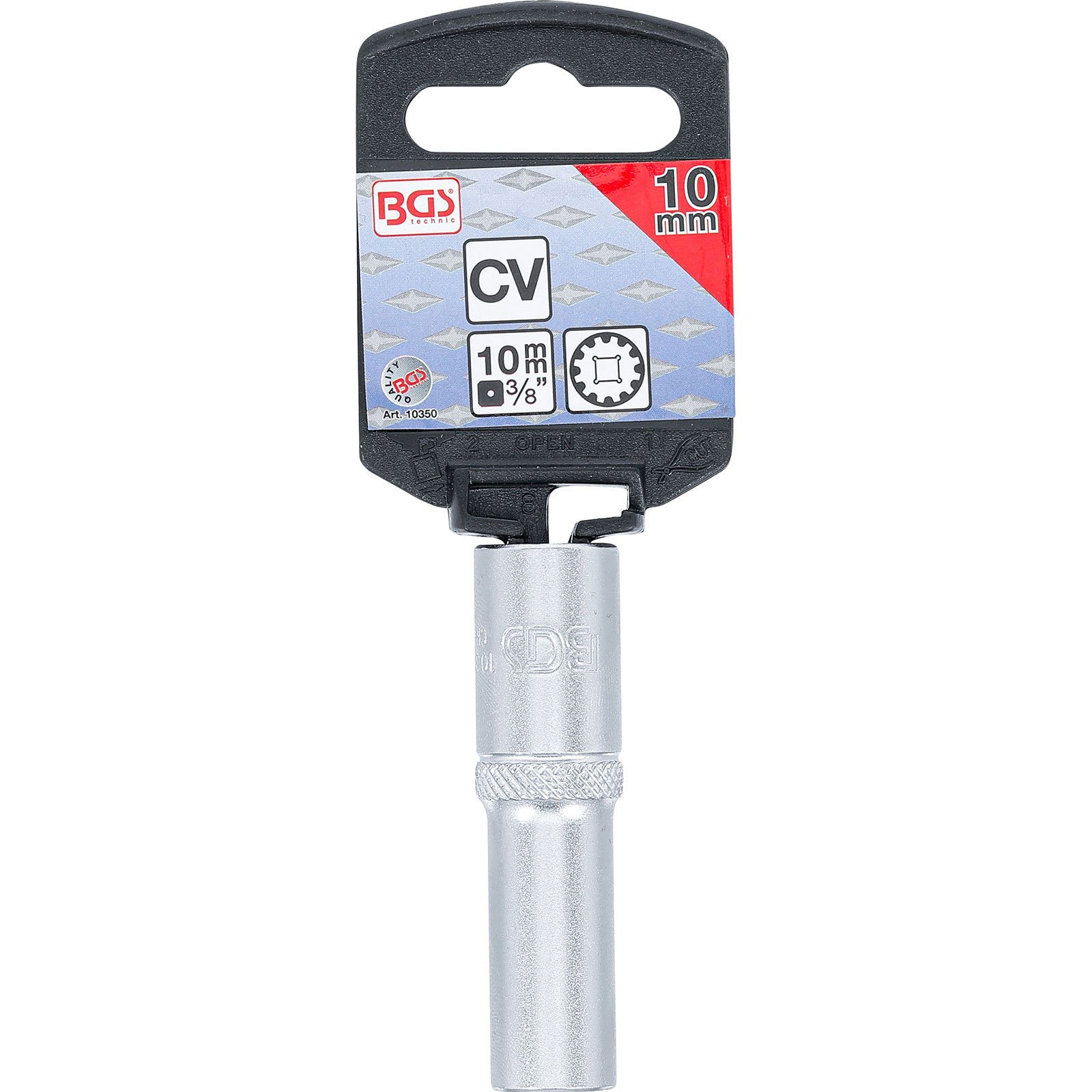 Una chiave a bussola argentata con manico nero, etichettata con '10 mm' e 'BGS technic' su sfondo bianco.