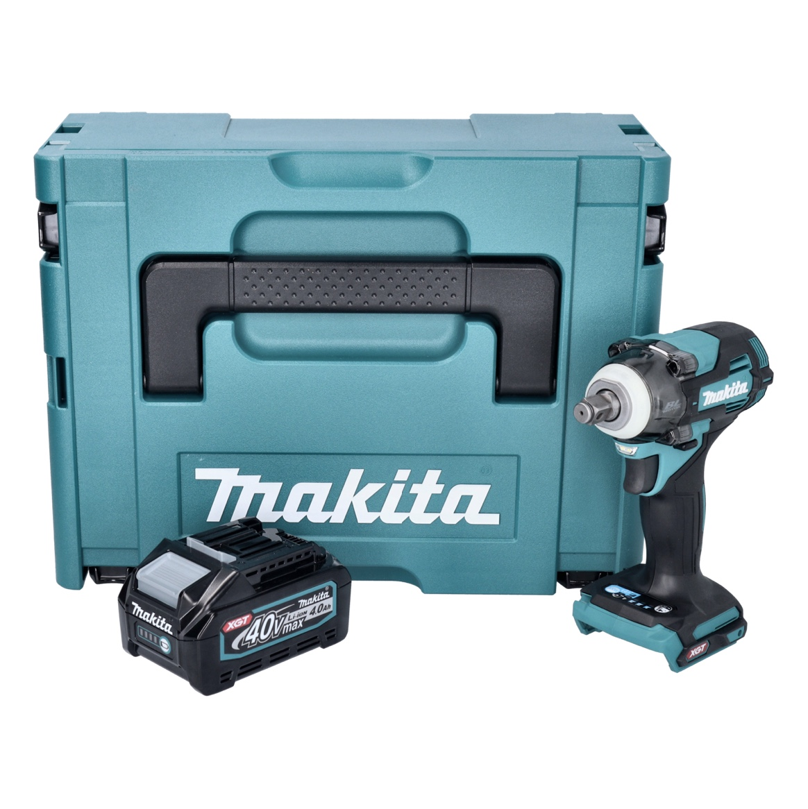 Auf weißem Hintergrund befinden sich ein tealfarbener Makita-Werkzeugkoffer, ein Akku und ein Schlagschrauber. Das Makita-Logo ist auf jedem Artikel sichtbar.