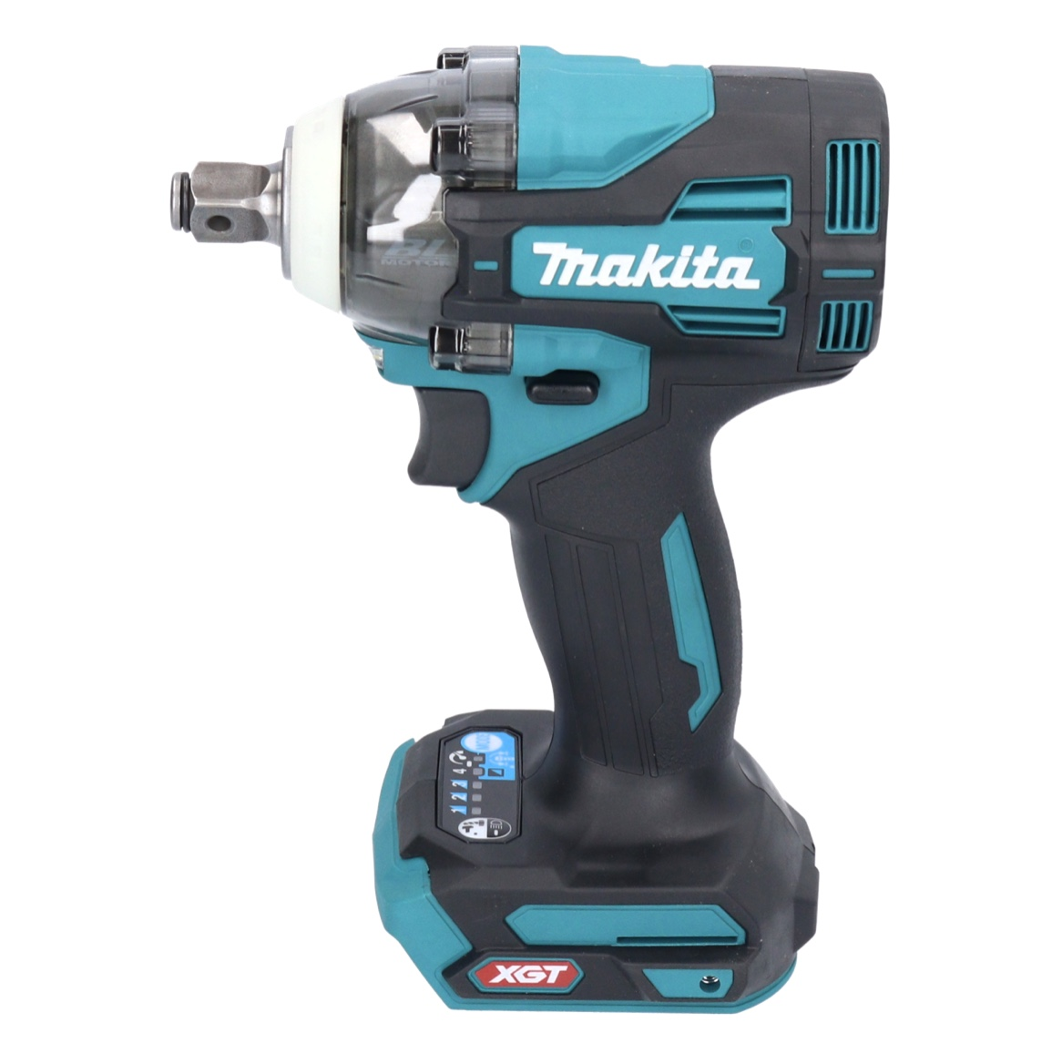 Ein kabelloser Makita-Schlagschrauber. Er ist schwarz, teal und grau. Der Markenname ist sichtbar. Das Werkzeug befindet sich auf weißem Hintergrund.