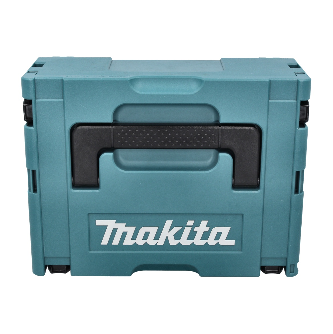 Eine teal-farbene Makita-Werkzeugkiste mit schwarzem Griff und Makita-Logo. Die Box ist geschlossen und hat sichtbare Scharniere.