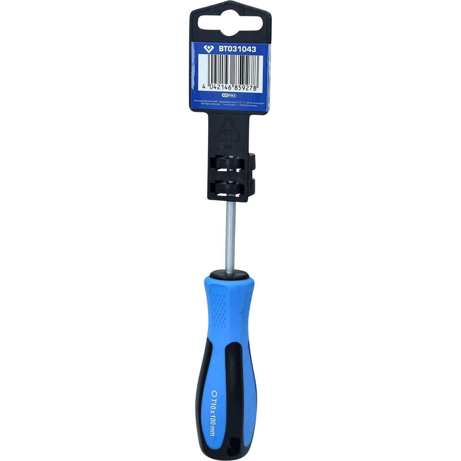 Schraubendreher mit blau-schwarzem Griff. Er hat einen silbernen Schaft und eine schwarze Kunststoffoberseite mit Barcode-Etikett.