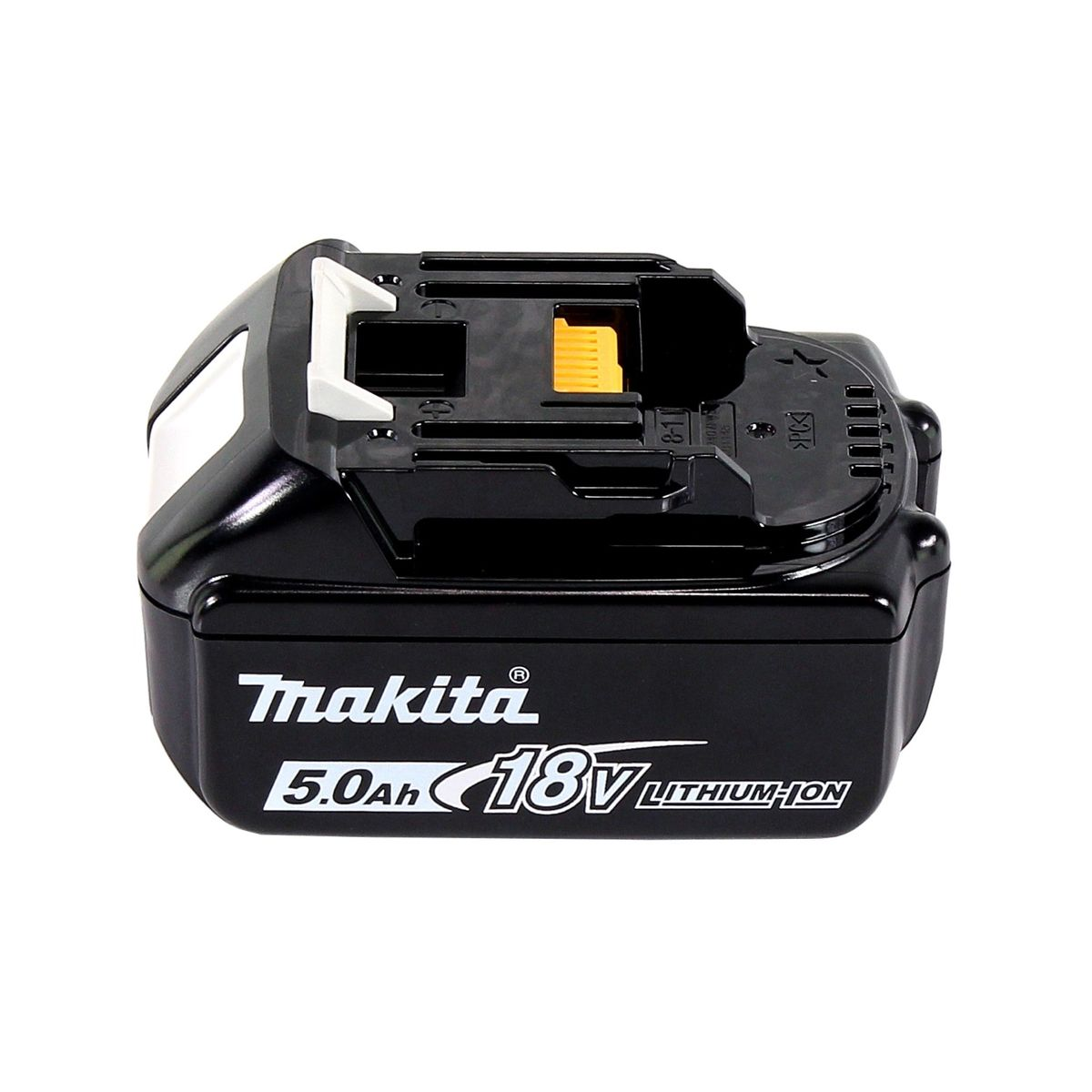 Schwarzer Makita 18V Lithium-Ionen-Akku. Es hat ein weißes Logo und eine gelbe Komponente oben. Der Hintergrund ist weiß.