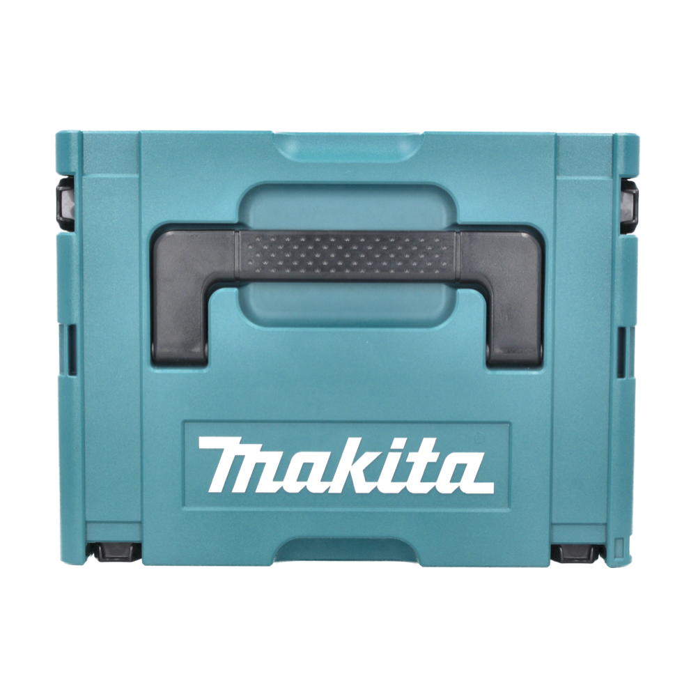 Eine teal Makita Werkzeugkiste mit schwarzem Griff und Makita Logo. Die Box ist rechteckig und auf weißem Hintergrund.