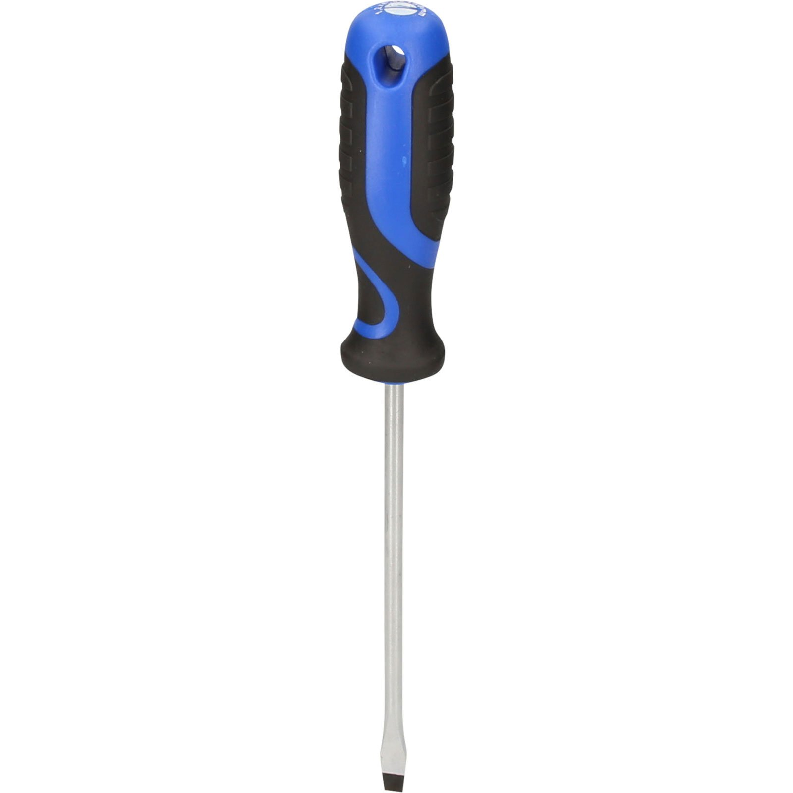 Ein Schraubendreher mit blau-schwarzem Griff und silberner Klinge. Der Hintergrund ist weiß.
