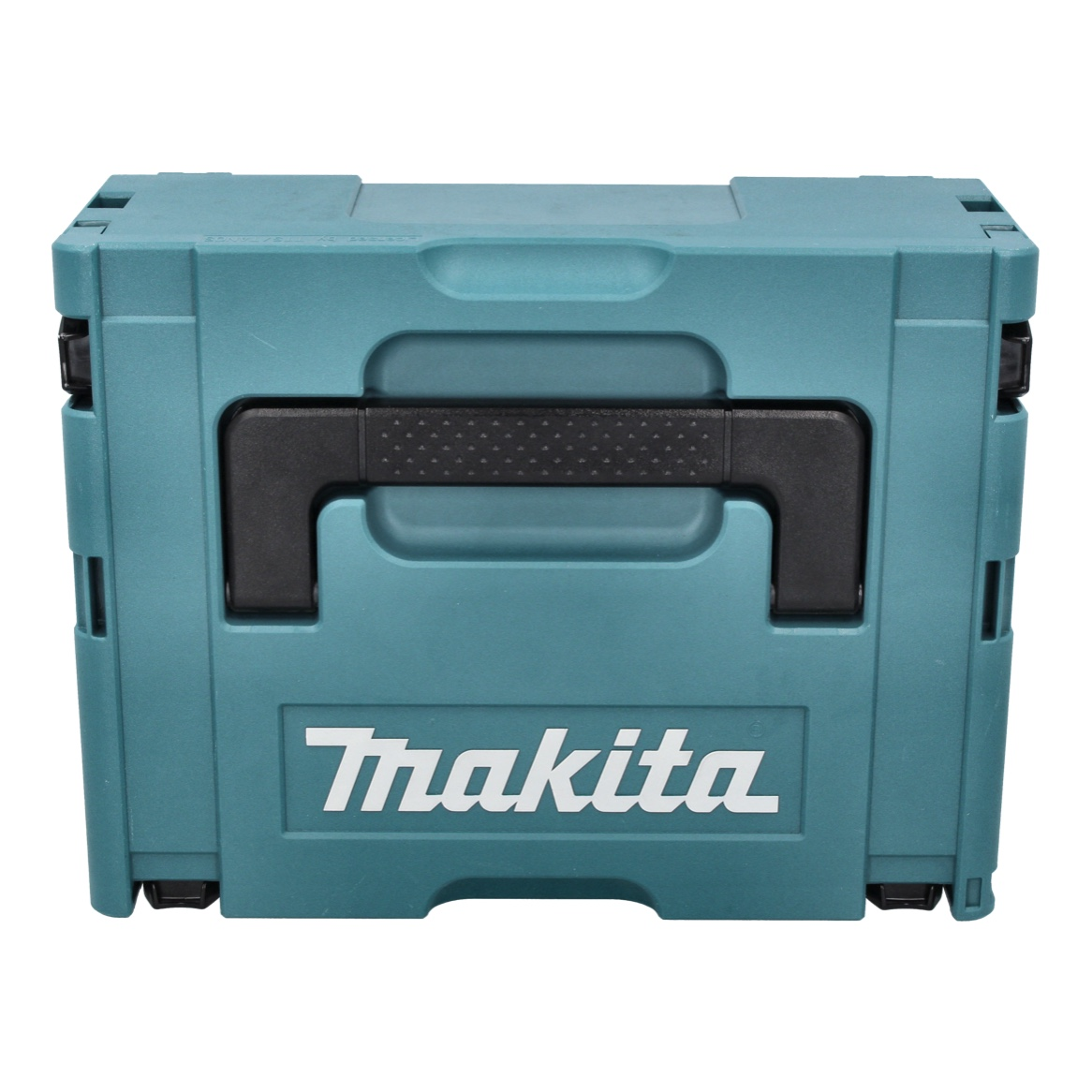 Eine tealfarbene Makita-Werkzeugkiste mit schwarzem Griff, weißem Logo und schwarzen Akzenten. Die Box ist geschlossen.