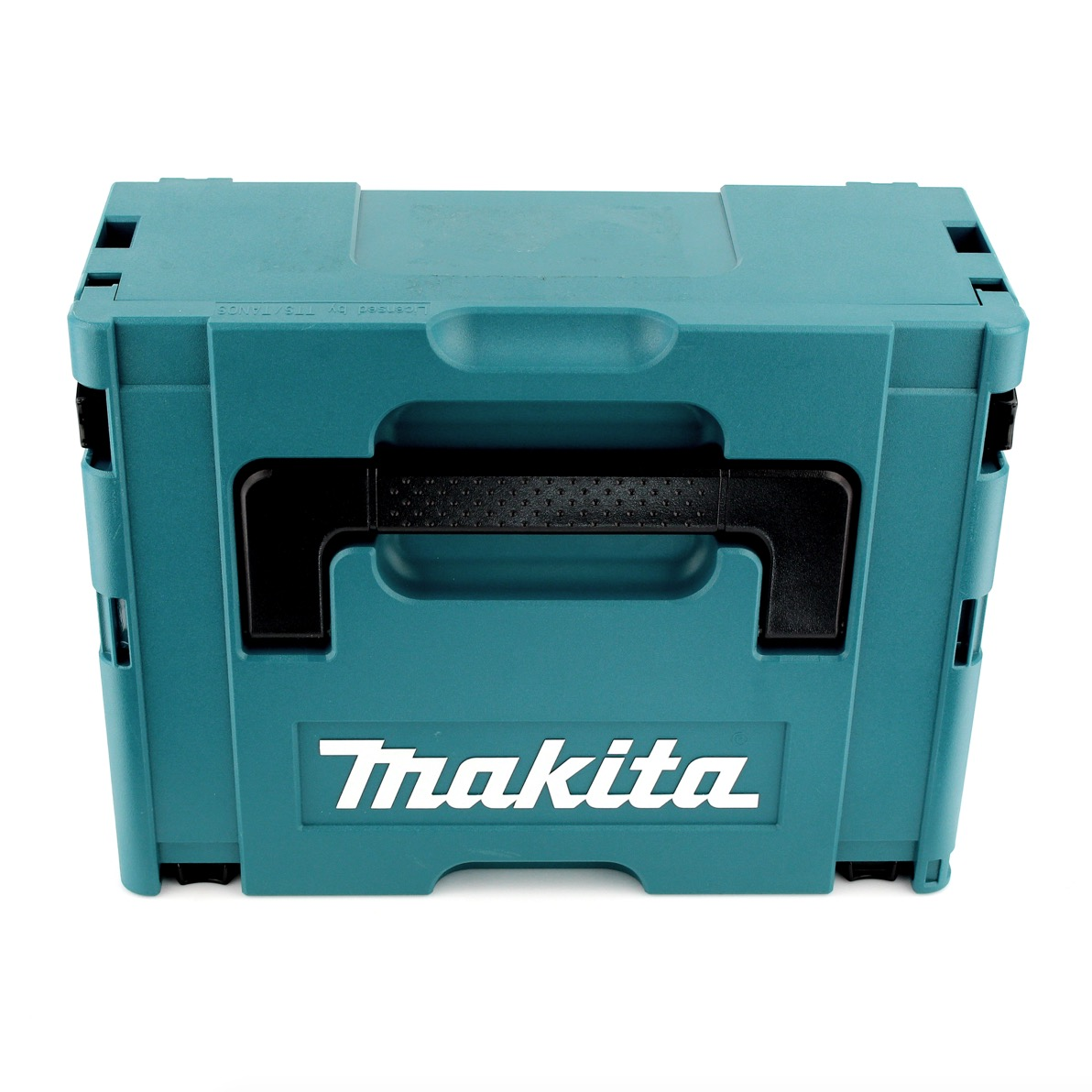 Eine türkisfarbene Makita-Werkzeugkiste mit schwarzem Griff und Makita-Logo auf der Vorderseite, vor weißem Hintergrund.