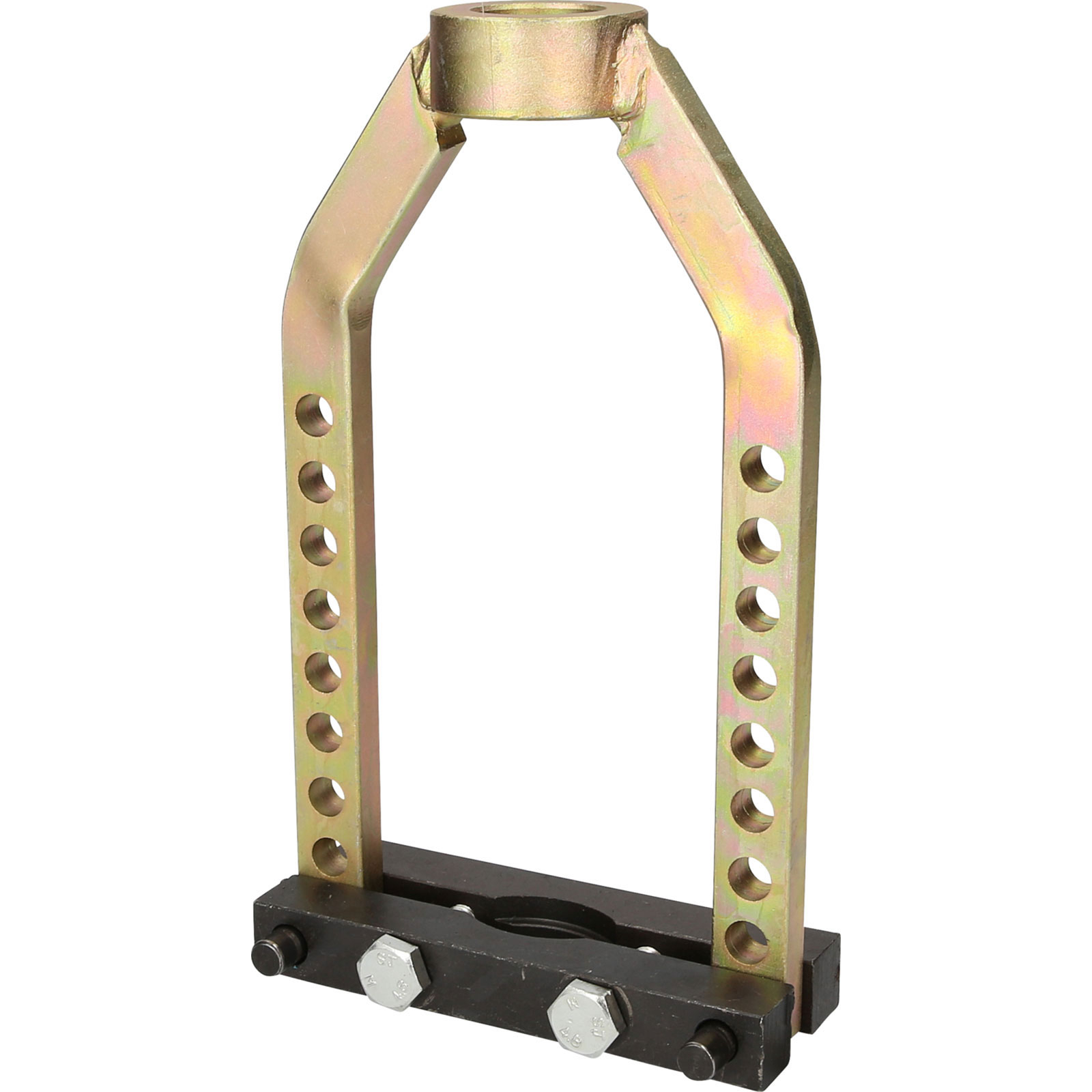 Metallwerkzeug mit U-förmigem Rahmen und schwarzer Basis. Es hat mehrere Löcher am Rahmen für Anpassungen.