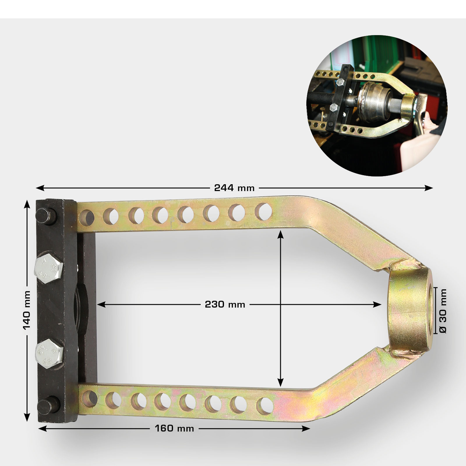 Werkzeug zum Entfernen eines Autoteils. Es ist schwarz und gold. Maße: 244 mm, 230 mm, 160 mm, 140 mm und 30 mm.