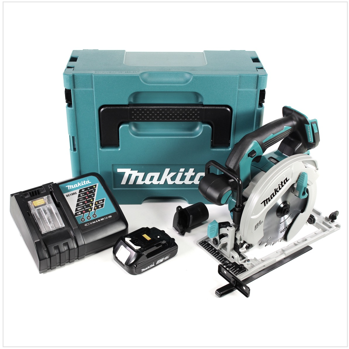 Makita Kreissägen-Set. Türkis- und schwarze Elektrowerkzeuge, Akku, Ladegerät und Koffer auf weißem Hintergrund.