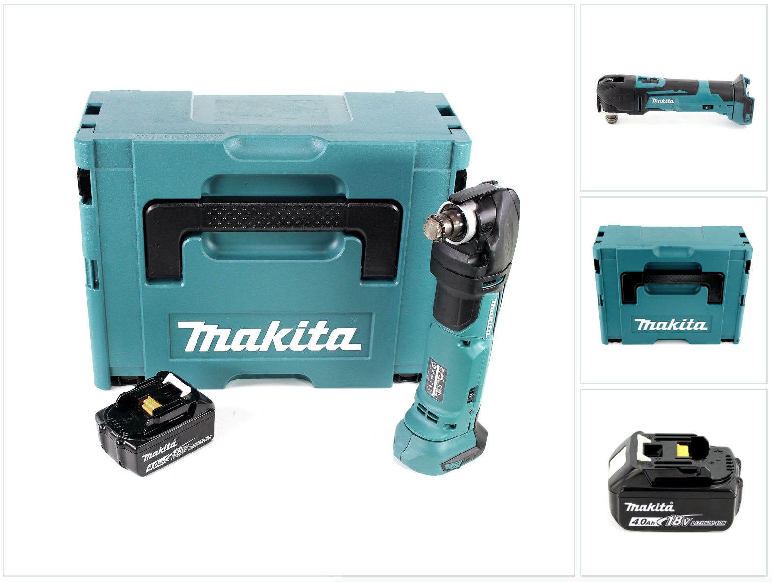 Ein Makita Multi-Tool, Koffer und Akku auf weißem Hintergrund. Zusätzliche Werkzeug- und Akkubilder sind ebenfalls vorhanden.