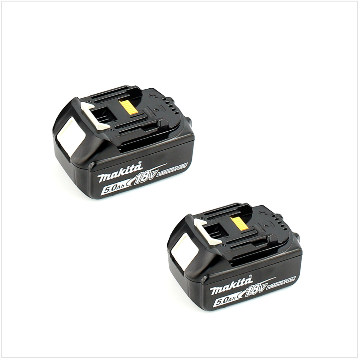 Zwei schwarze Makita 18V 5.0Ah Lithium-Ionen-Akkus vor weißem Hintergrund. Jeder hat einen weißen und gelben Abschnitt.