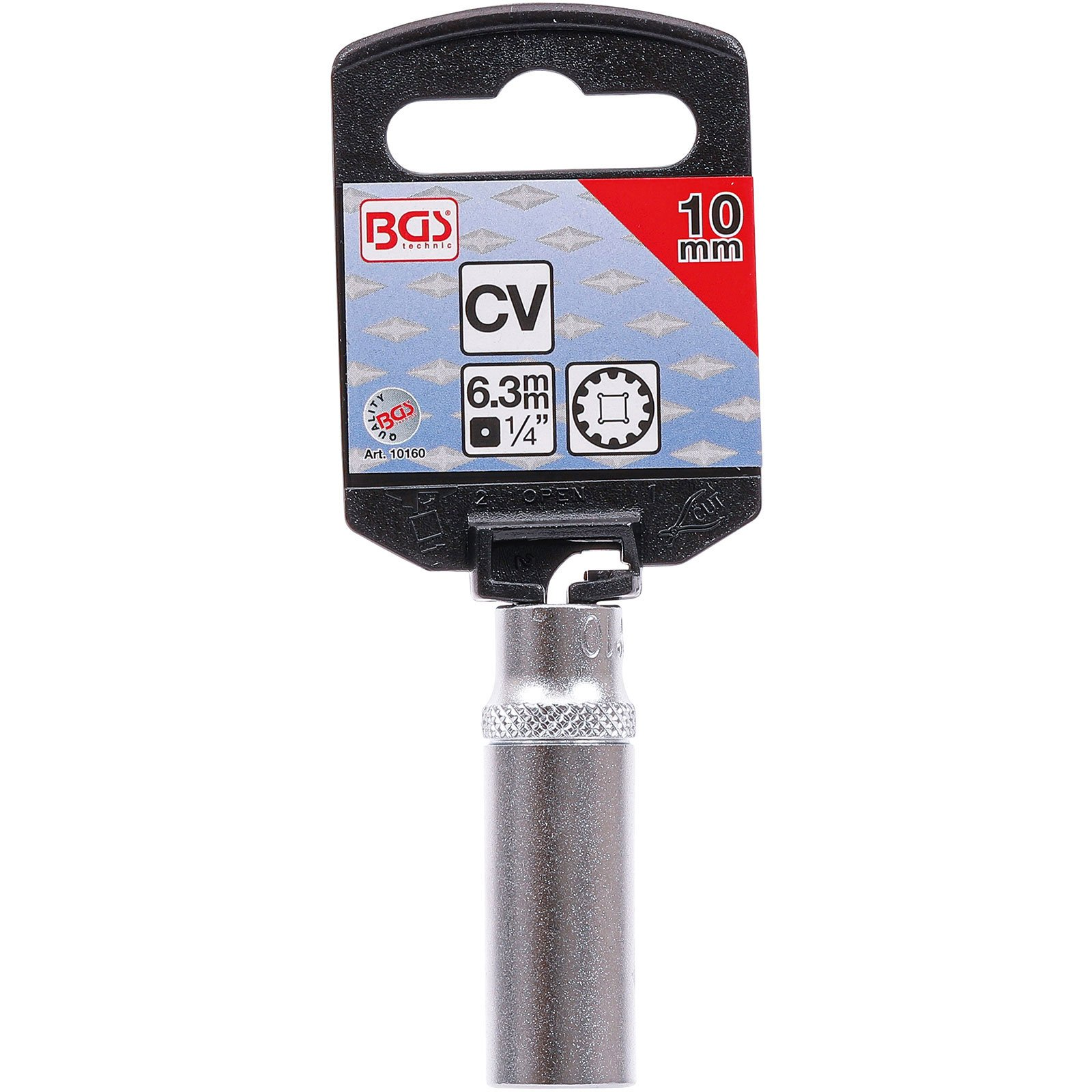 Una chiave a bussola. Imballaggio nero con testo. La chiave è argentata. La confezione dice 'BGS technic' e '10 mm'.