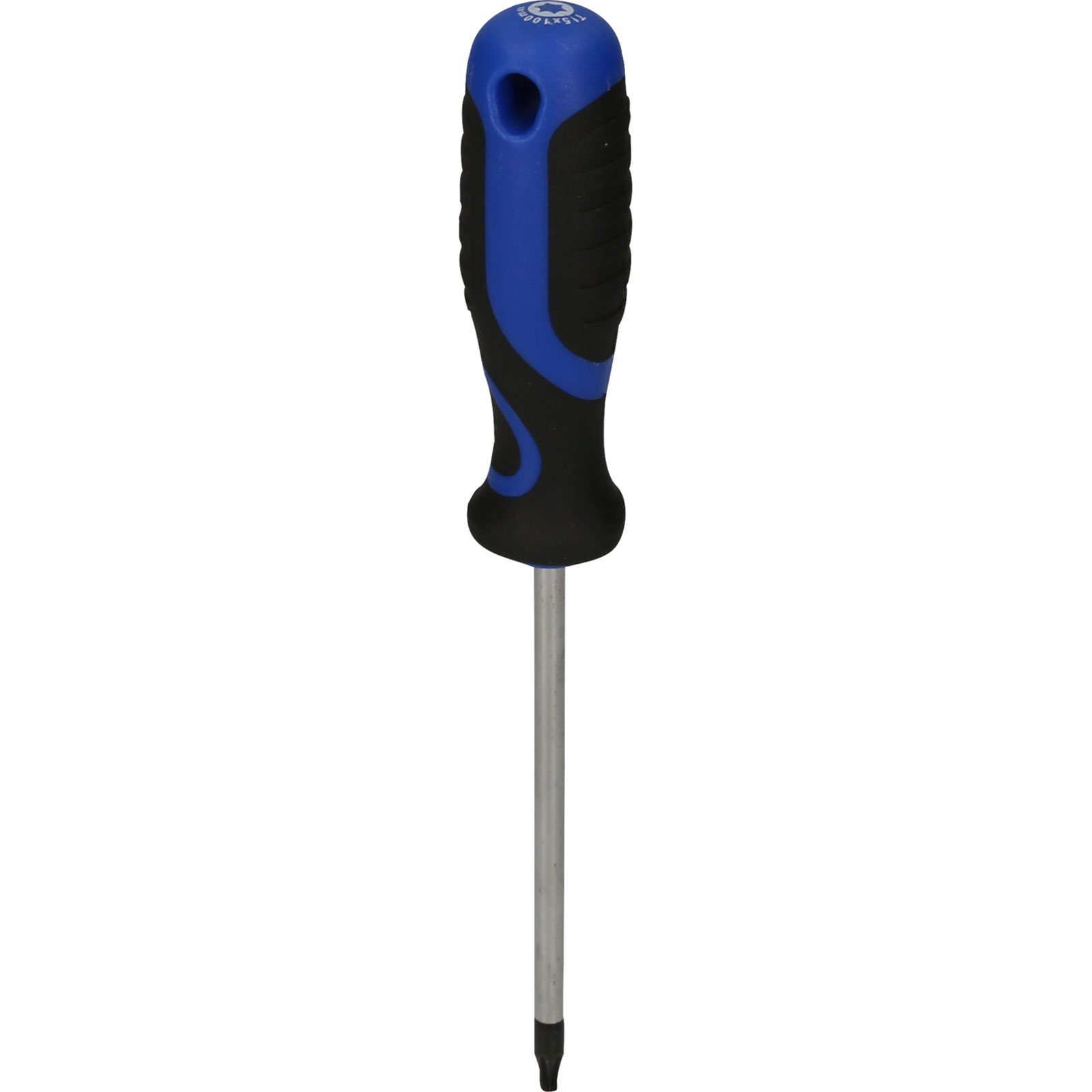 Ein Schraubendreher mit blau-schwarzem Griff und silbernem Metallschaft. Der Griff ist oben.
