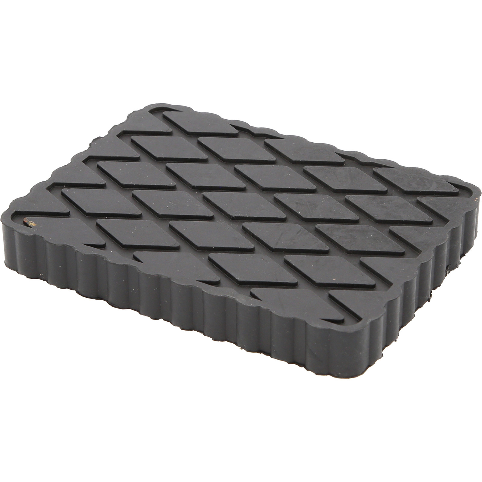 Schwarzes Gummipad mit Rautenmuster. Es hat eine rechteckige Form und einen geriffelten Rand.