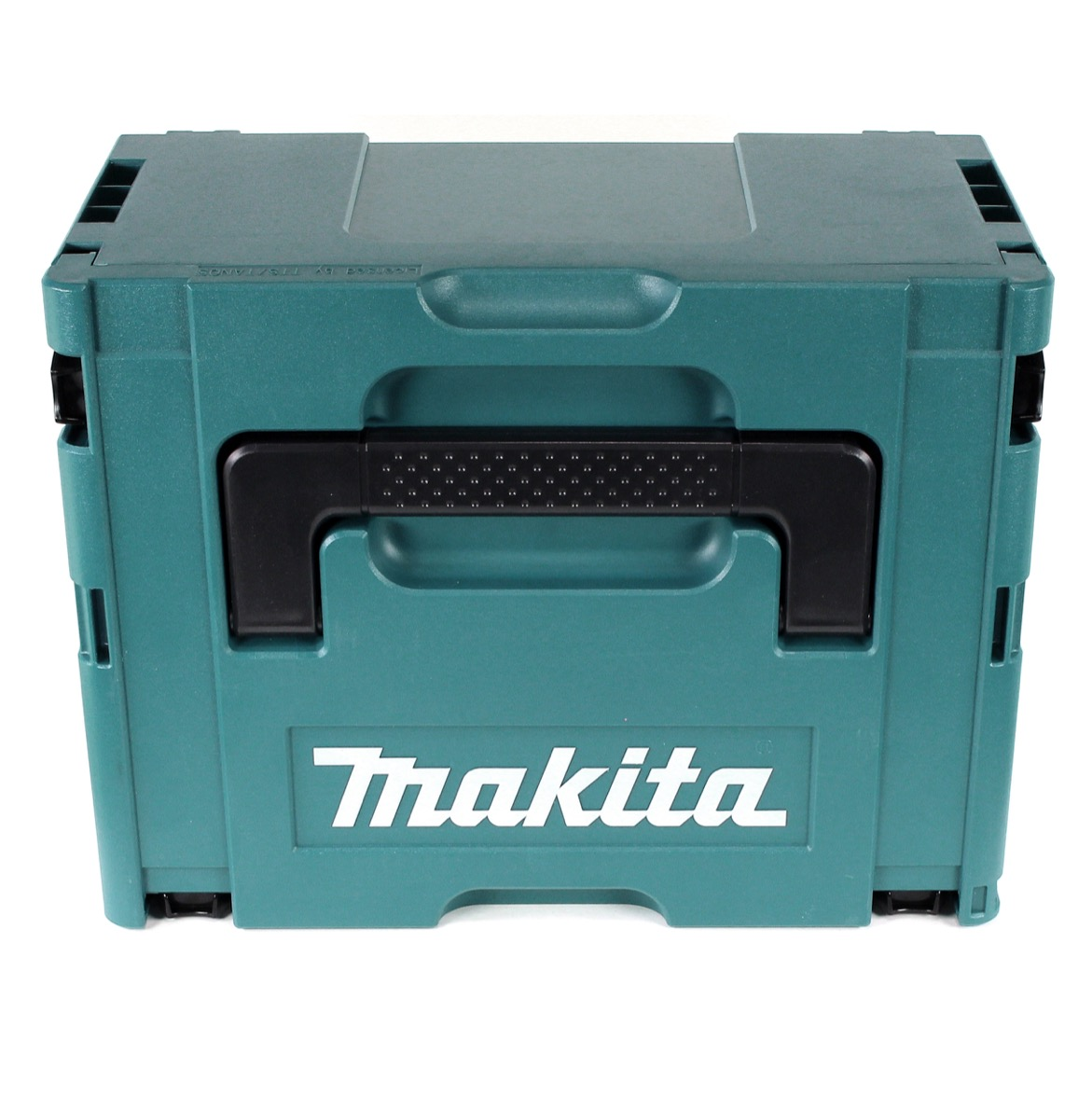 Eine türkisfarbene Makita-Werkzeugkiste mit schwarzem Griff auf weißem Hintergrund. Das Makita-Logo ist auf der Vorderseite zu sehen.
