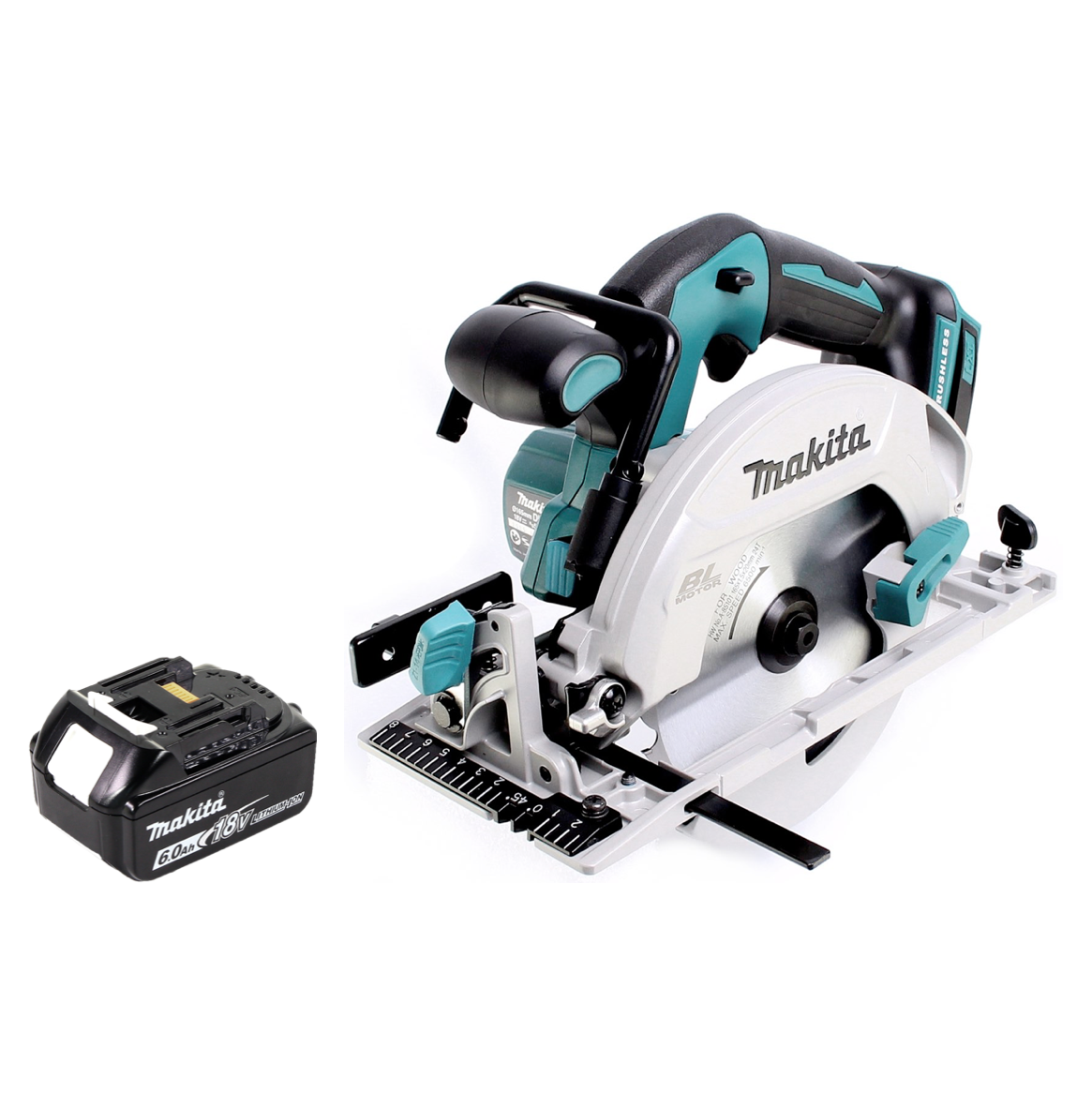 Eine Makita-Kreissäge mit Akku. Die Säge ist grau und türkis, mit einem schwarzen Akku links.