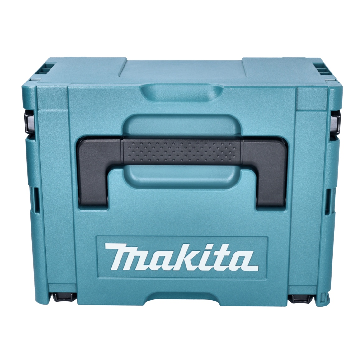 Eine türkisfarbene Makita-Werkzeugkiste mit schwarzem Griff, das Makita-Logo ist weiß. Die Kiste ist rechteckig, vor weißem Hintergrund.