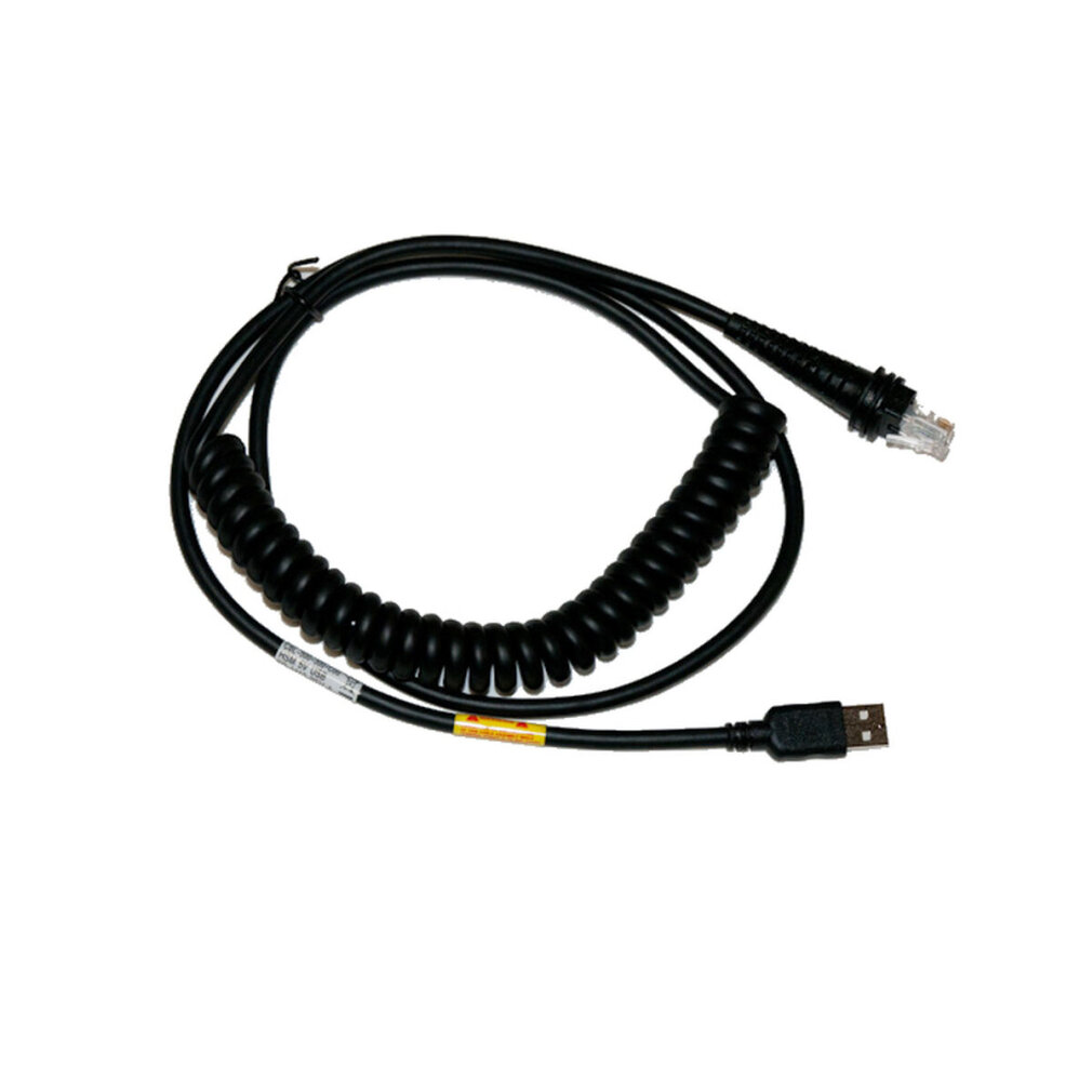 Schwarzes Spiralkabel mit USB- und Ethernet-Anschlüssen. Etikett mit Text. Weißer Hintergrund.