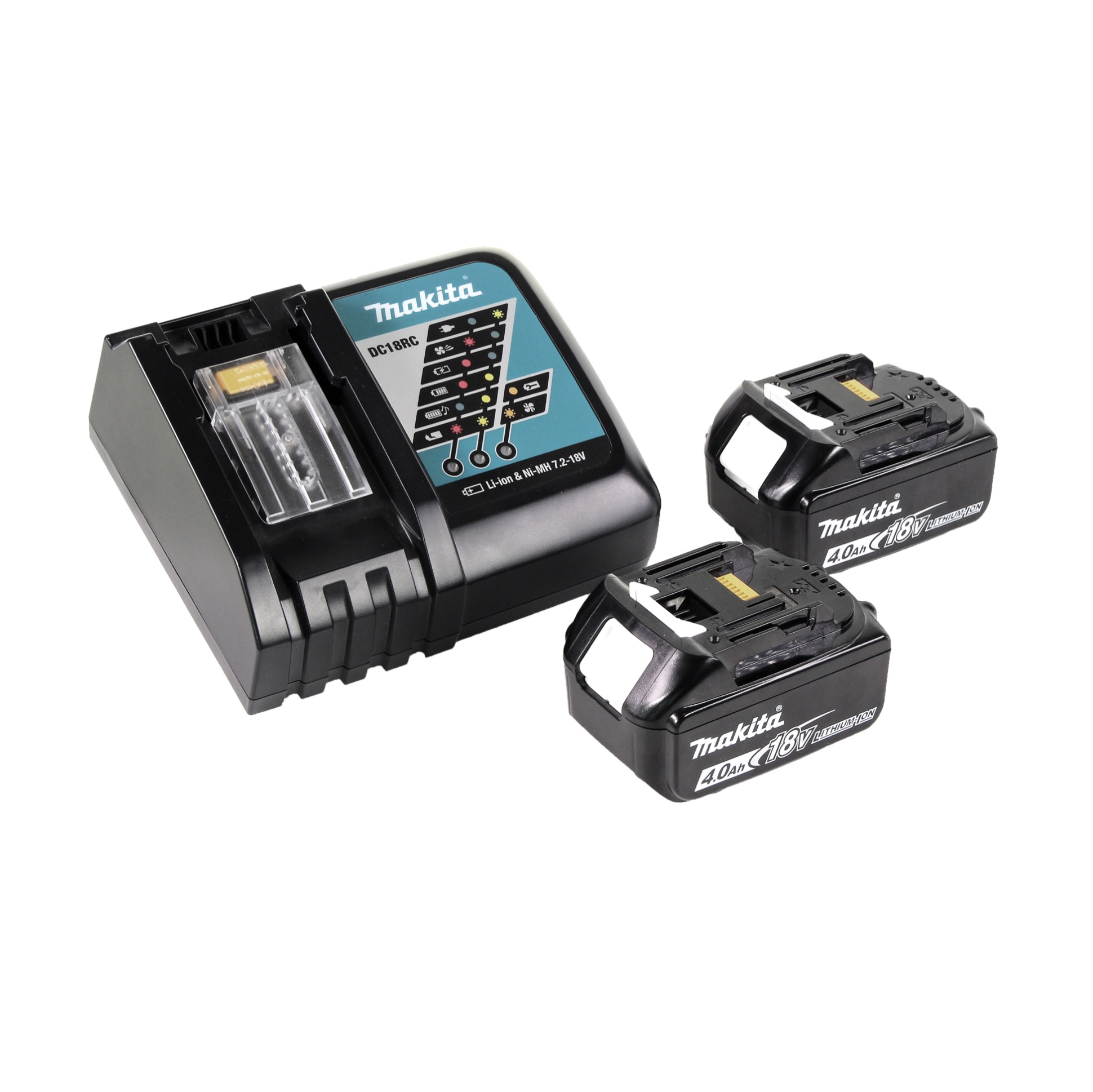 Ein Makita-Ladegerät und zwei Batterien auf weißem Hintergrund. Das Ladegerät ist schwarz und blaugrün, die Batterien sind schwarz.
