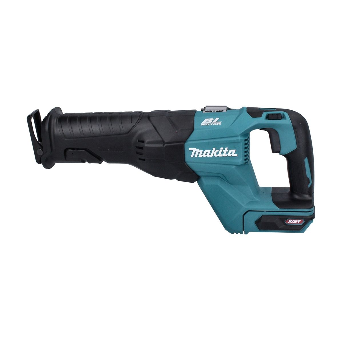 Eine Makita Säbelsäge. Sie hat ein schwarz-türkisfarbenes Farbschema. Die Säge befindet sich auf weißem Hintergrund.