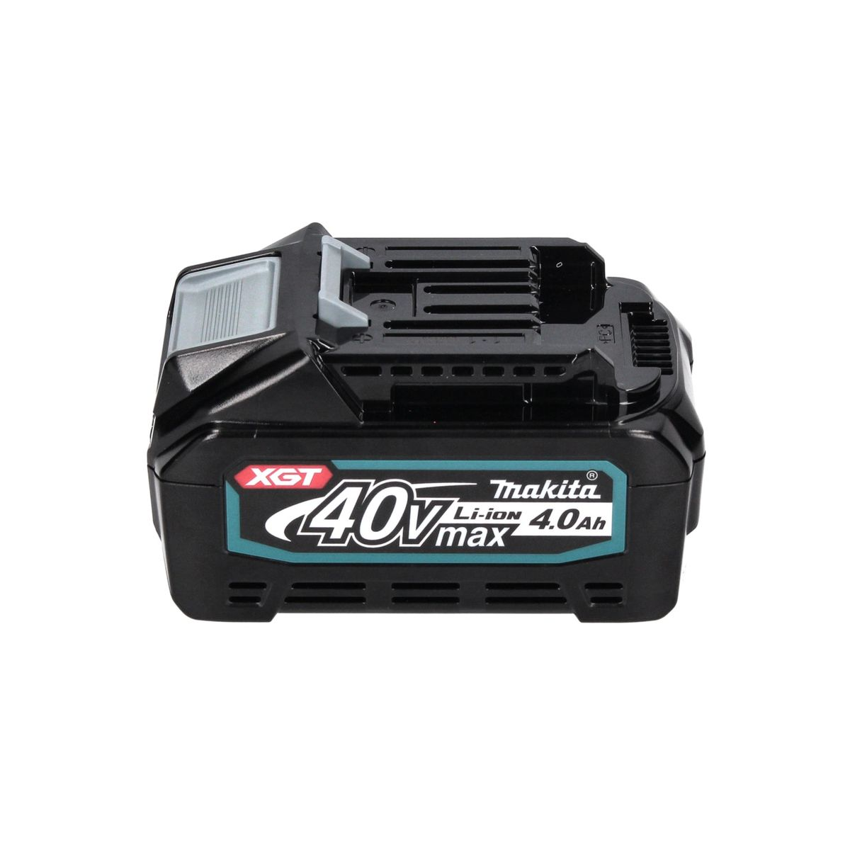 Schwarzer Makita 40V Li-Ion 4.0Ah Akku. Er hat ein tealfarbenes und weißes Etikett mit '40V max' und 'Makita' Branding. Grauer Griff.