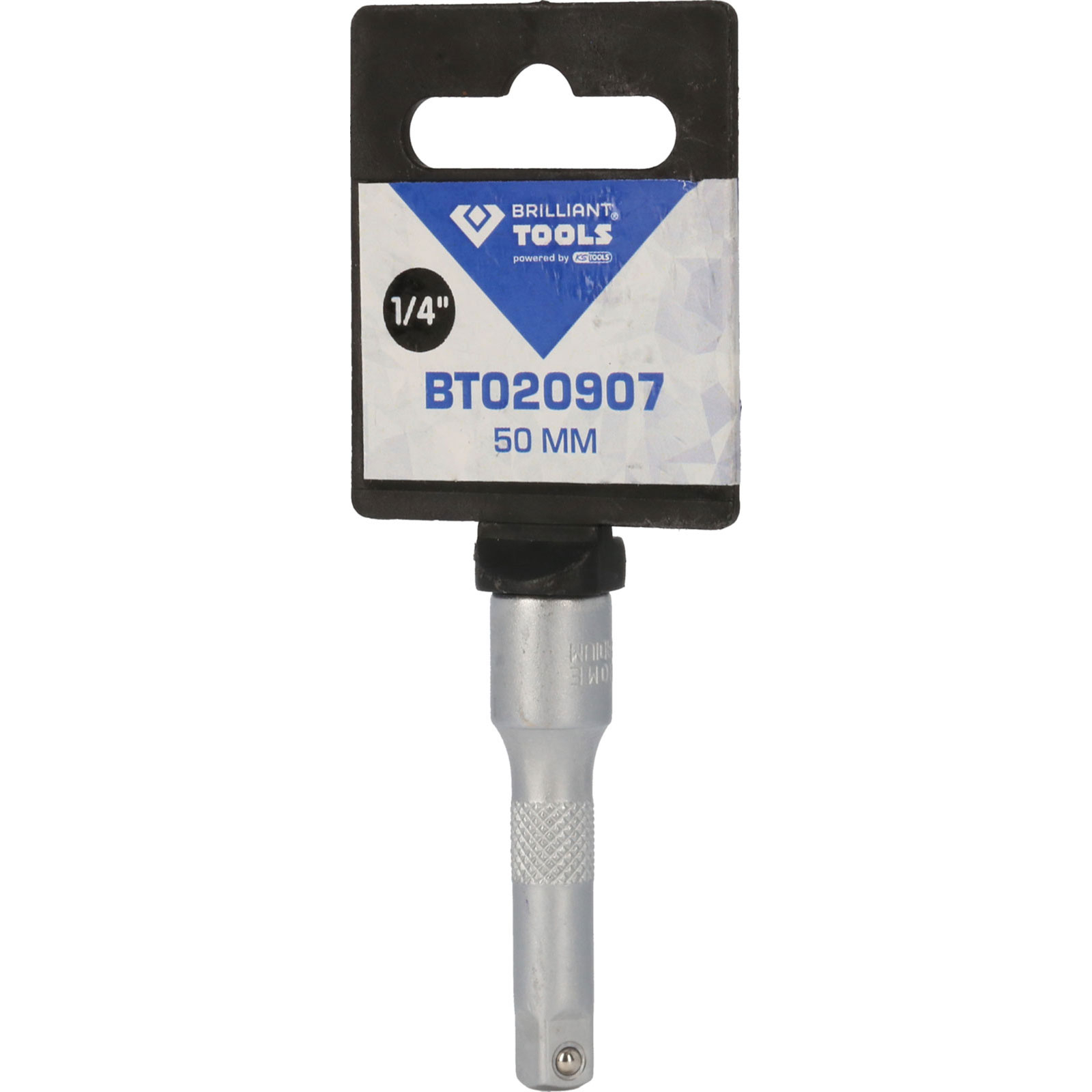 Uno strumento Brilliant Tools argentato. Ha un manico nero con un'etichetta che dice 1/4" e BT020907 50 MM.