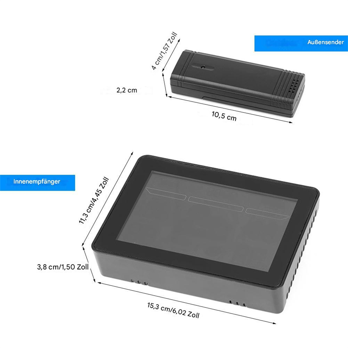 Zwei schwarze elektronische Geräte mit Abmessungen. Eines mit der Bezeichnung Außensender und eines mit der Bezeichnung Innenempfänger, mit Maßen in cm und Zoll.