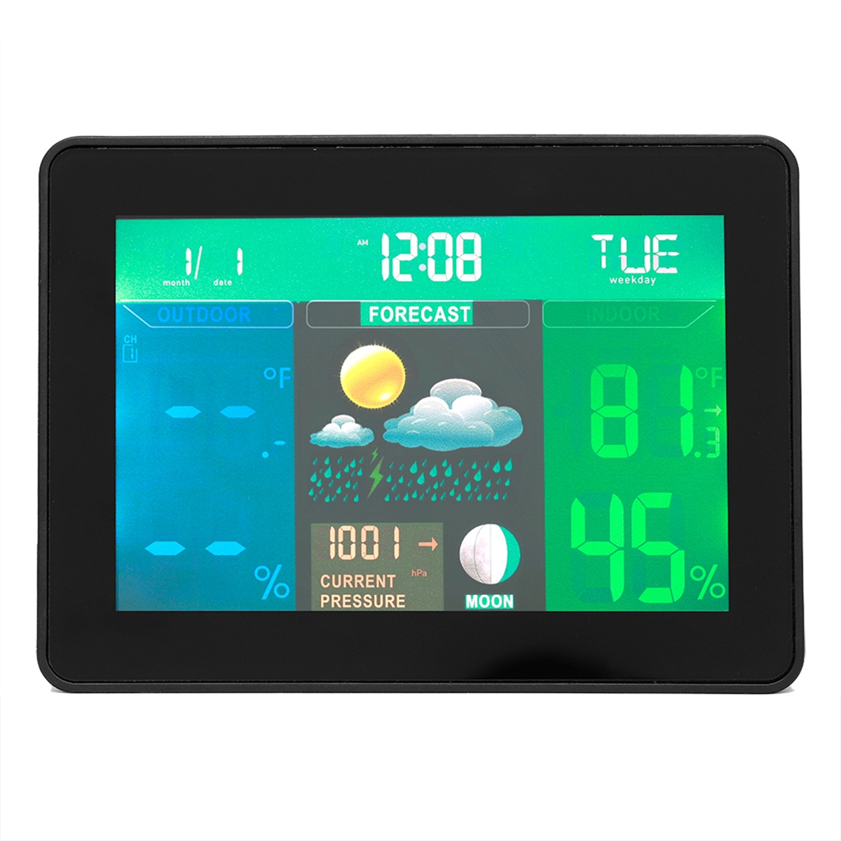 Eine schwarze Wetterstation zeigt Zeit, Datum, Temperatur und Luftfeuchtigkeit an. Es zeigt die Vorhersage mit Sonne, Wolken und Regensymbolen.