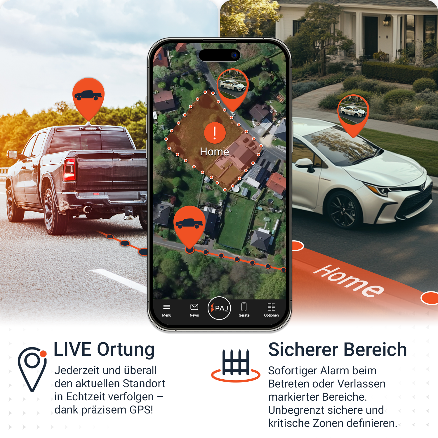 Das Bild zeigt ein Smartphone mit Fahrzeugverfolgung. Ein schwarzer Lkw und ein weißes Auto werden mit Standortmarkierungen angezeigt. Die App zeigt den Standort „Home“.