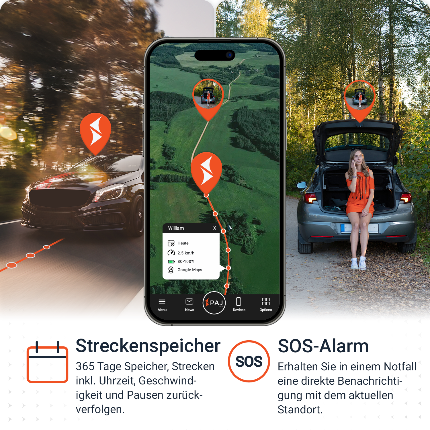 Ein Auto, ein Telefon mit einer Karte und eine Frau an einem offenen Kofferraum. Das Telefon zeigt eine Tracking-App.