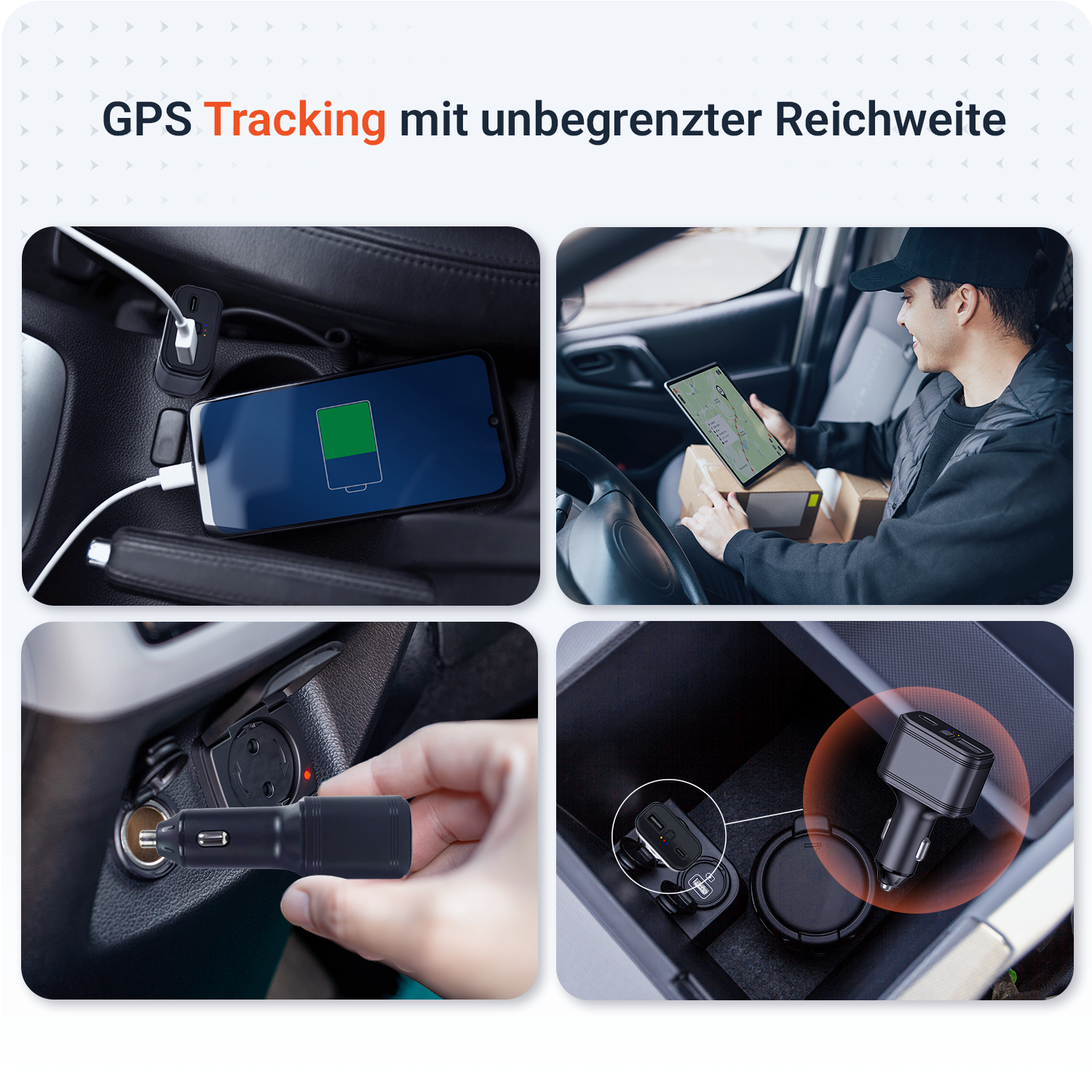 Das Bild zeigt ein GPS-Tracking-Konzept. Enthält Telefonladen, Fahrer mit Tablet, Autoladegerät und Konsole mit Ladegerät.