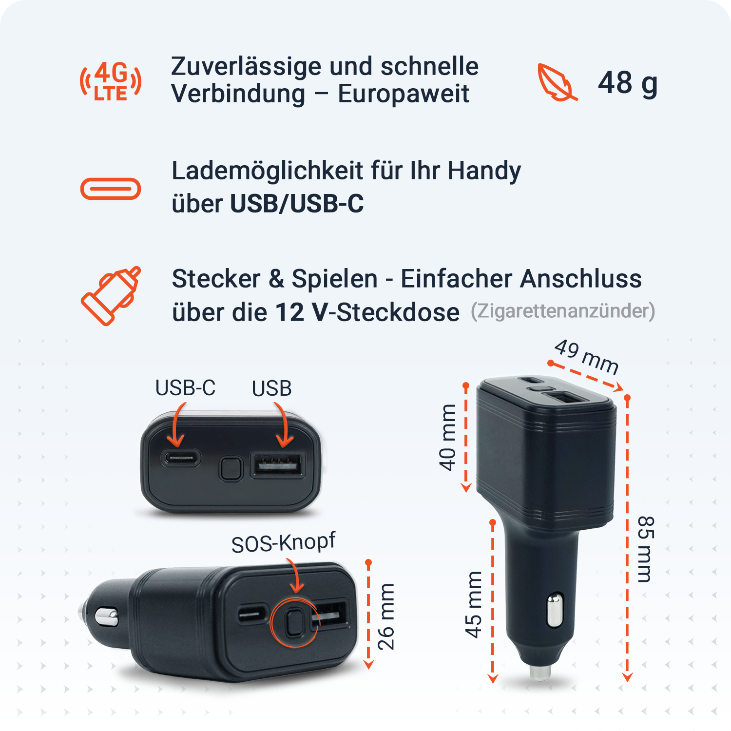 Ein schwarzes Autoladegerät mit USB- und USB-C-Anschlüssen. Text auf Deutsch beschreibt Funktionen, einschließlich 4G-Konnektivität.