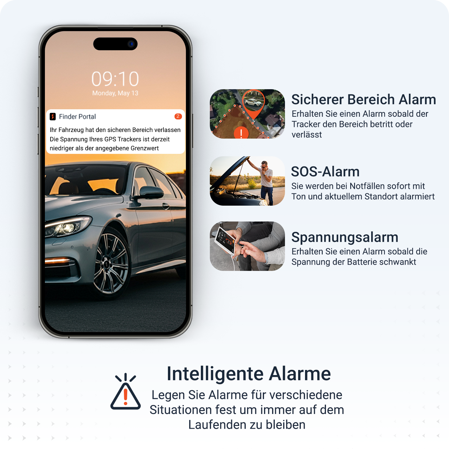 Ein Smartphone zeigt ein Auto und eine Benachrichtigung an. Andere Panels zeigen Alarmfunktionen, einschließlich SOS und Batteriealarme.