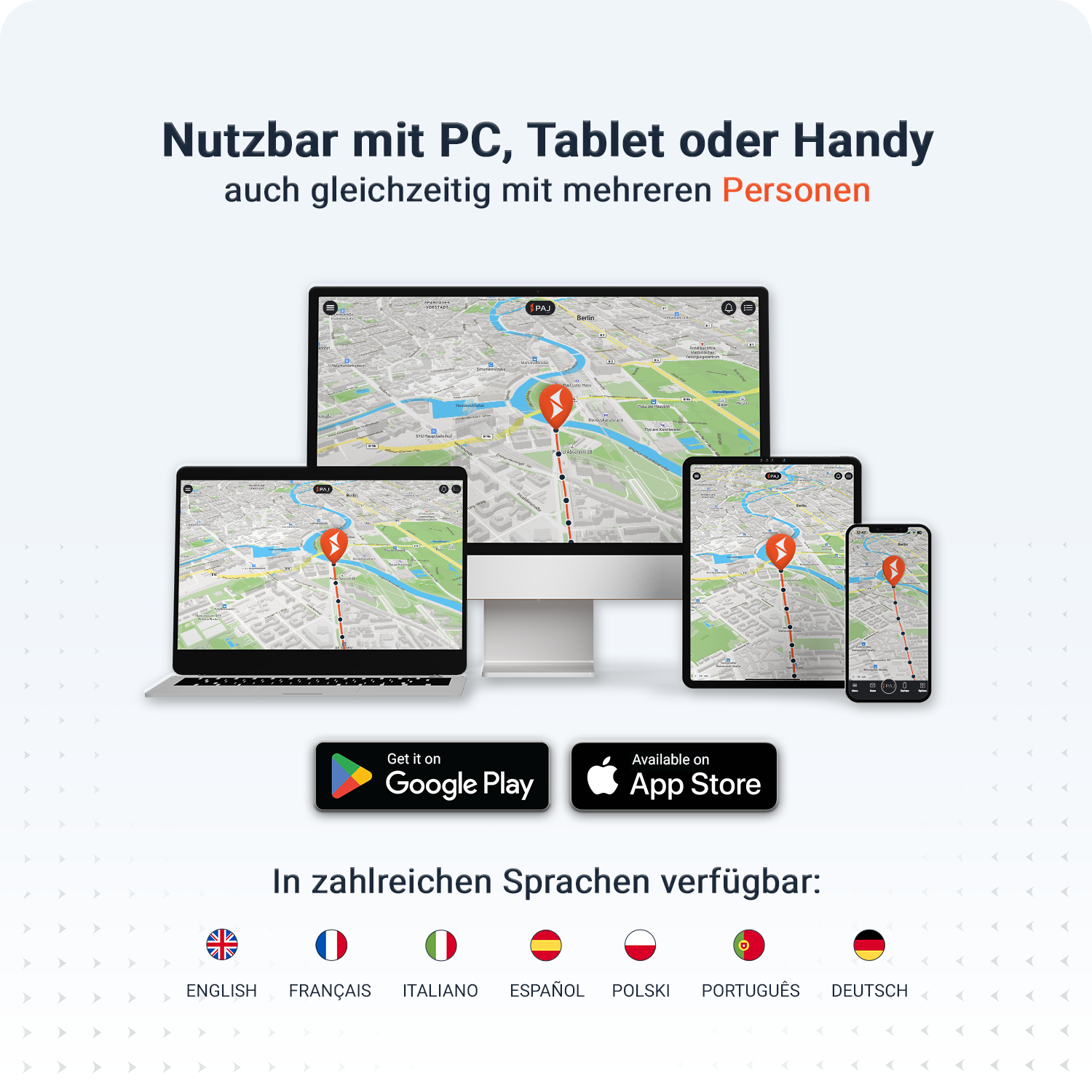 Das Bild zeigt Geräte (PC, Tablet, Telefon) mit einer Karte und einer Route. Enthält App-Store- und Sprachverfügbarkeits-Flags.