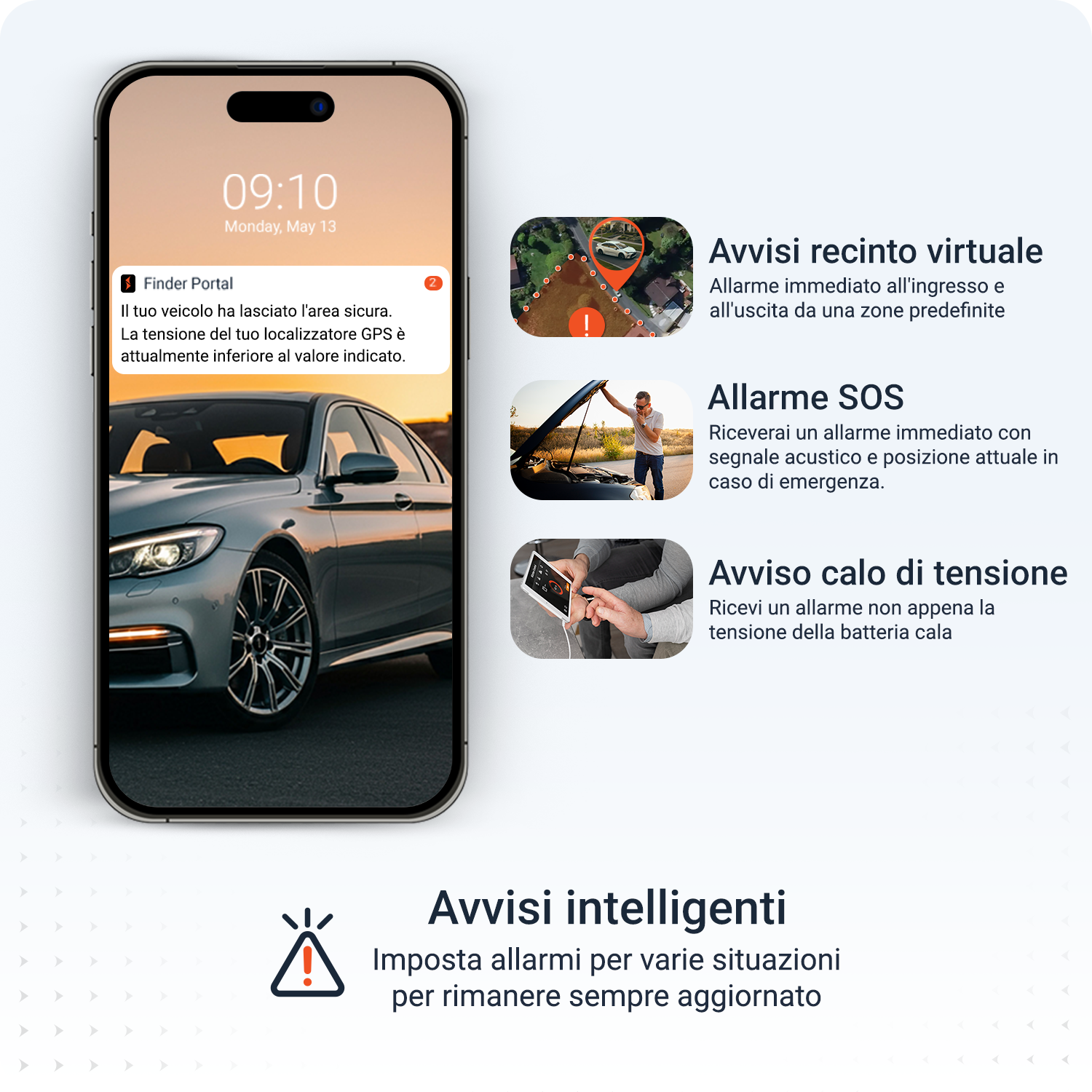 Ein Smartphone zeigt ein Auto und Benachrichtigungen an. Darunter befinden sich Symbole für virtuellen Zaun, SOS-Alarm, niedrige Batterie und intelligente Alarme.