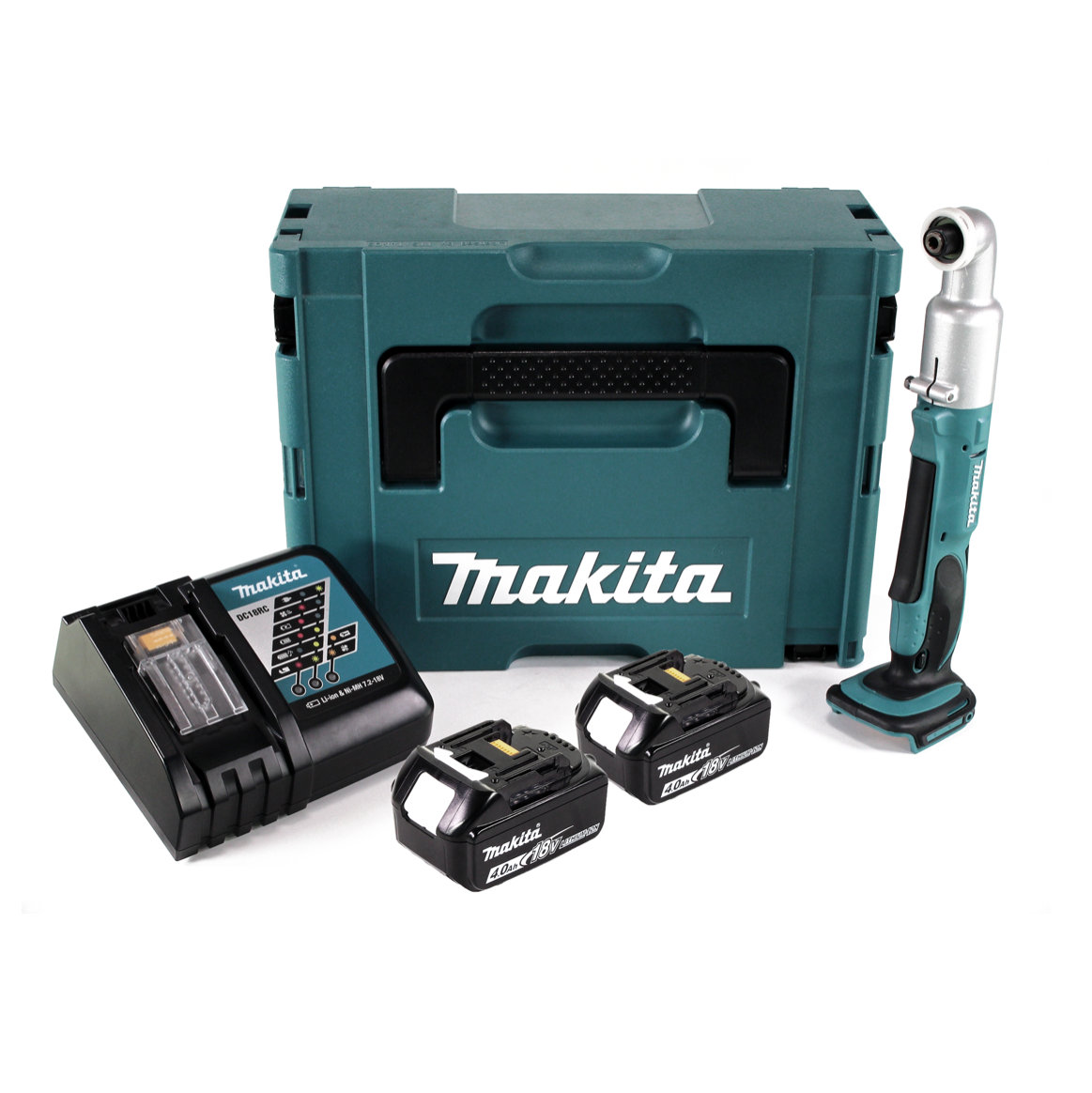 Ein Makita-Werkzeugset. Enthält einen tealfarbenen Aufbewahrungskoffer, ein Ladegerät, zwei Akkus und einen kabellosen Winkelbohrer.