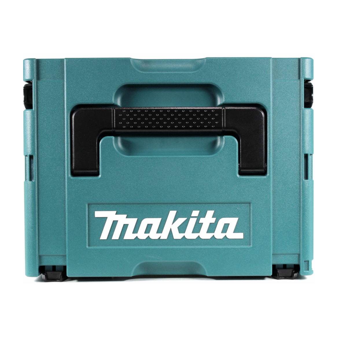 Türkisgrüne Makita Werkzeugkiste mit schwarzem Griff und Logo. Weißer Hintergrund.