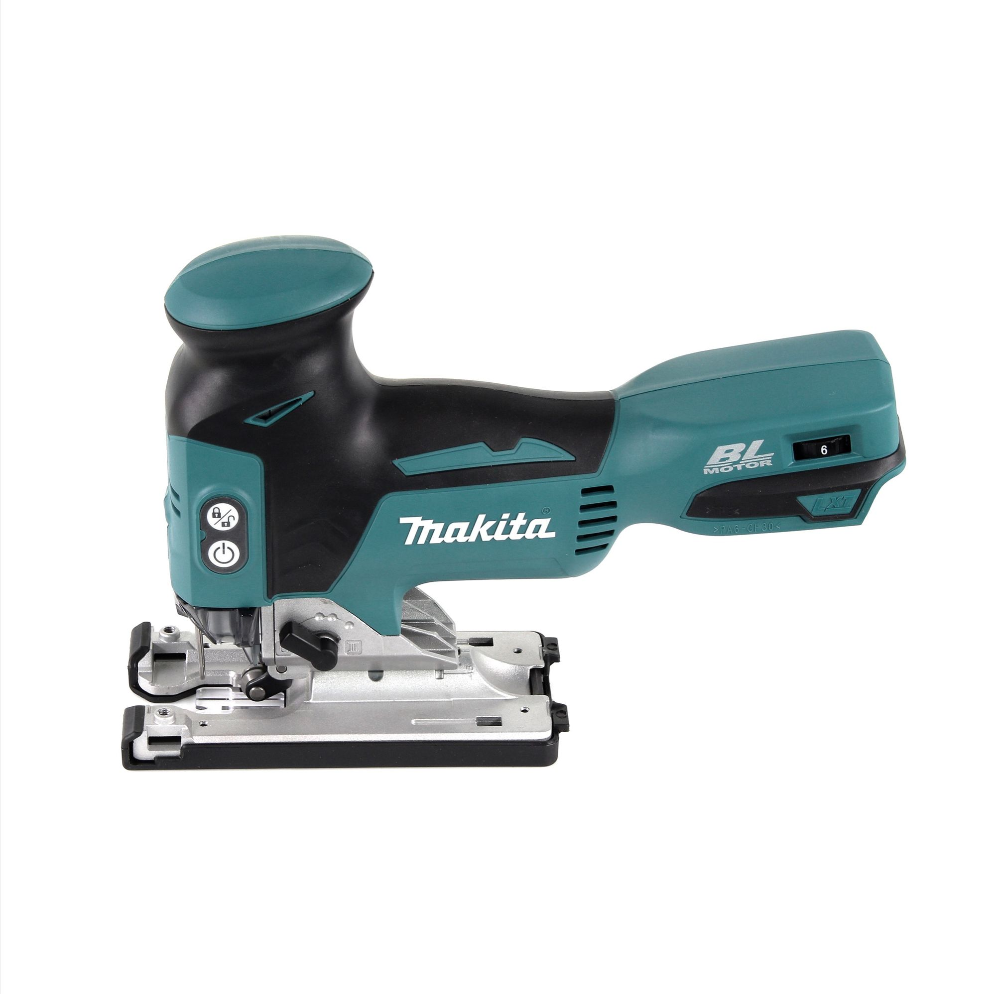 Eine teal- und schwarze Makita-Stichsäge auf weißem Hintergrund. Sie hat einen Auslöser, einen Einschalter und eine Klingelbasis.