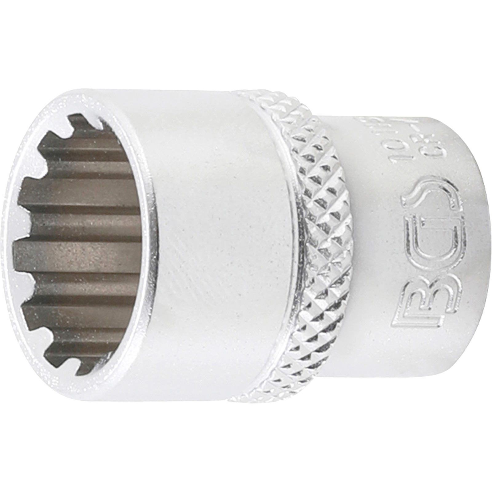 Uno strumento metallico cilindrico con impugnatura zigrinata e interno dentato. Lo strumento ha un marchio.
