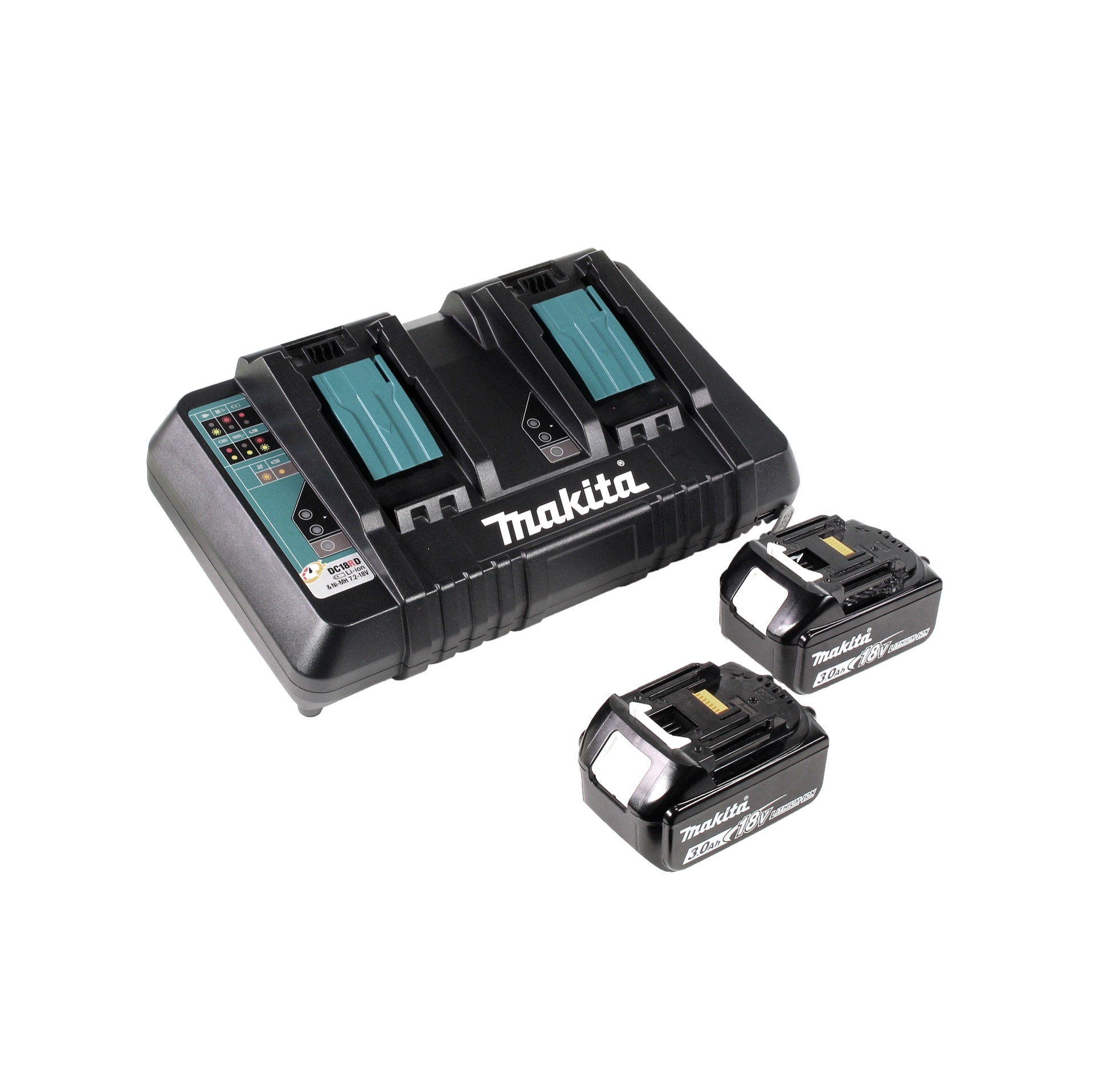 Ein schwarzes Makita-Batterieladegerät mit zwei Schlitzen und zwei Batterien. Türkisfarbene Akzente auf dem Ladegerät und schwarze Batterien.