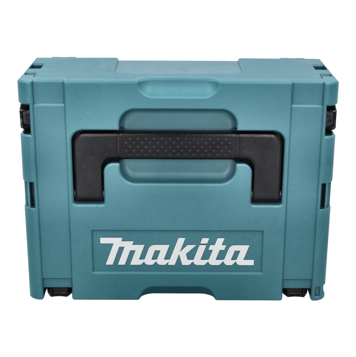 Eine türkisfarbene Makita-Werkzeugkiste mit schwarzem Griff und Makita-Logo. Die Box ist rechteckig mit Griff in der Mitte.