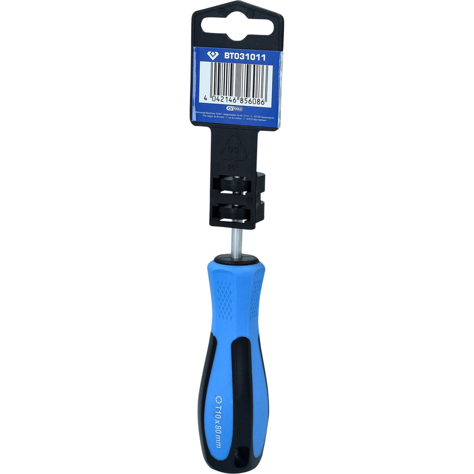 Ein Schraubendreher mit blauem und schwarzem Griff und einem schwarzen Kunststoffetikett mit Barcode und Text.