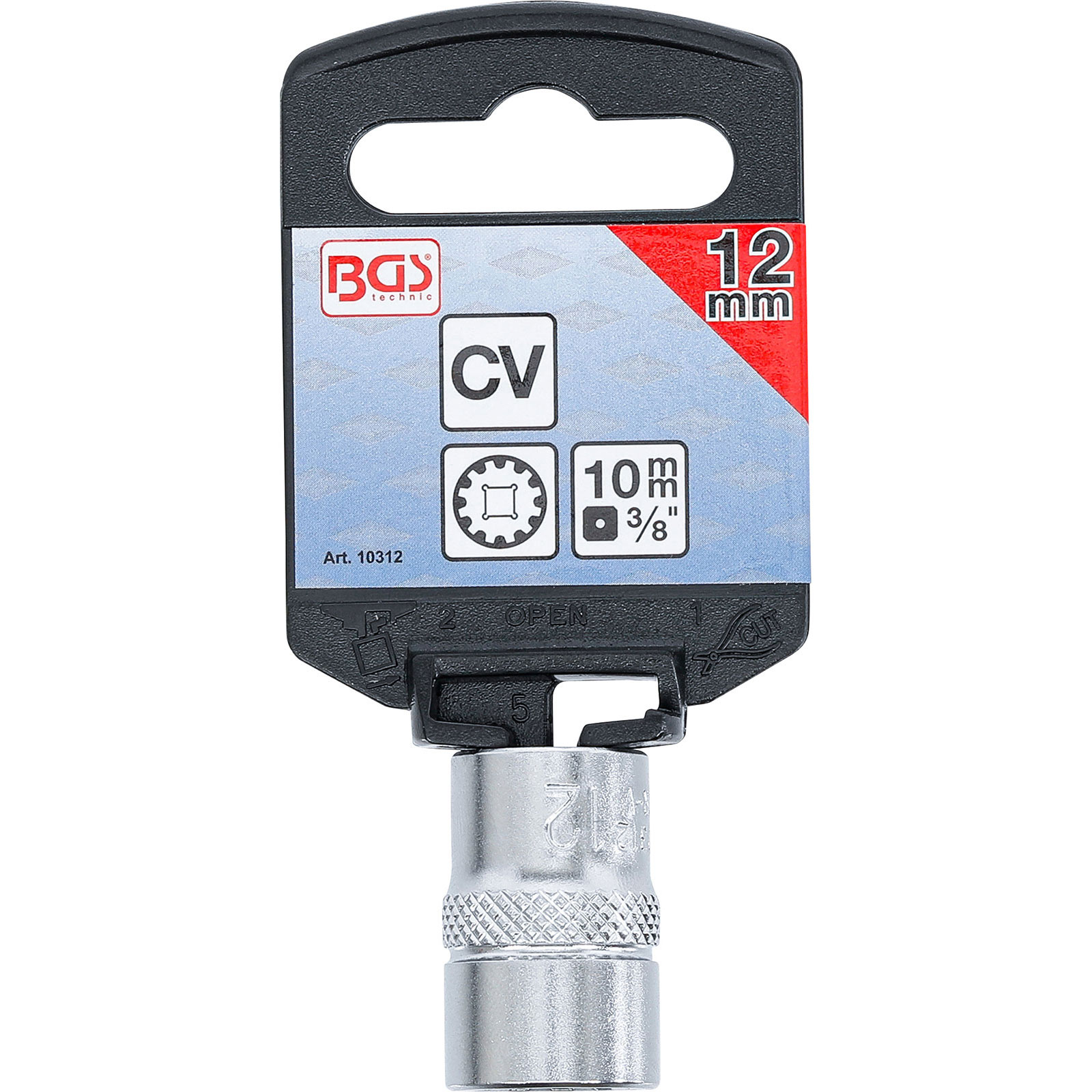 Una chiave a bussola su un supporto in plastica nera. Dettagli: '12 mm', 'CV' e logo 'BGS technic'. Sfondo bianco.