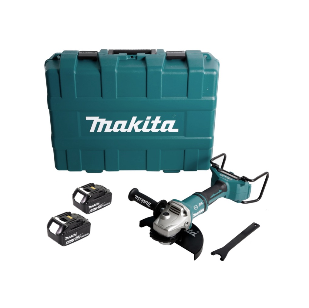 Ein Makita-Winkelschleifer-Set. Enthält einen tealfarbenen Koffer, zwei Akkus, den Schleifer und einen Schraubenschlüssel.