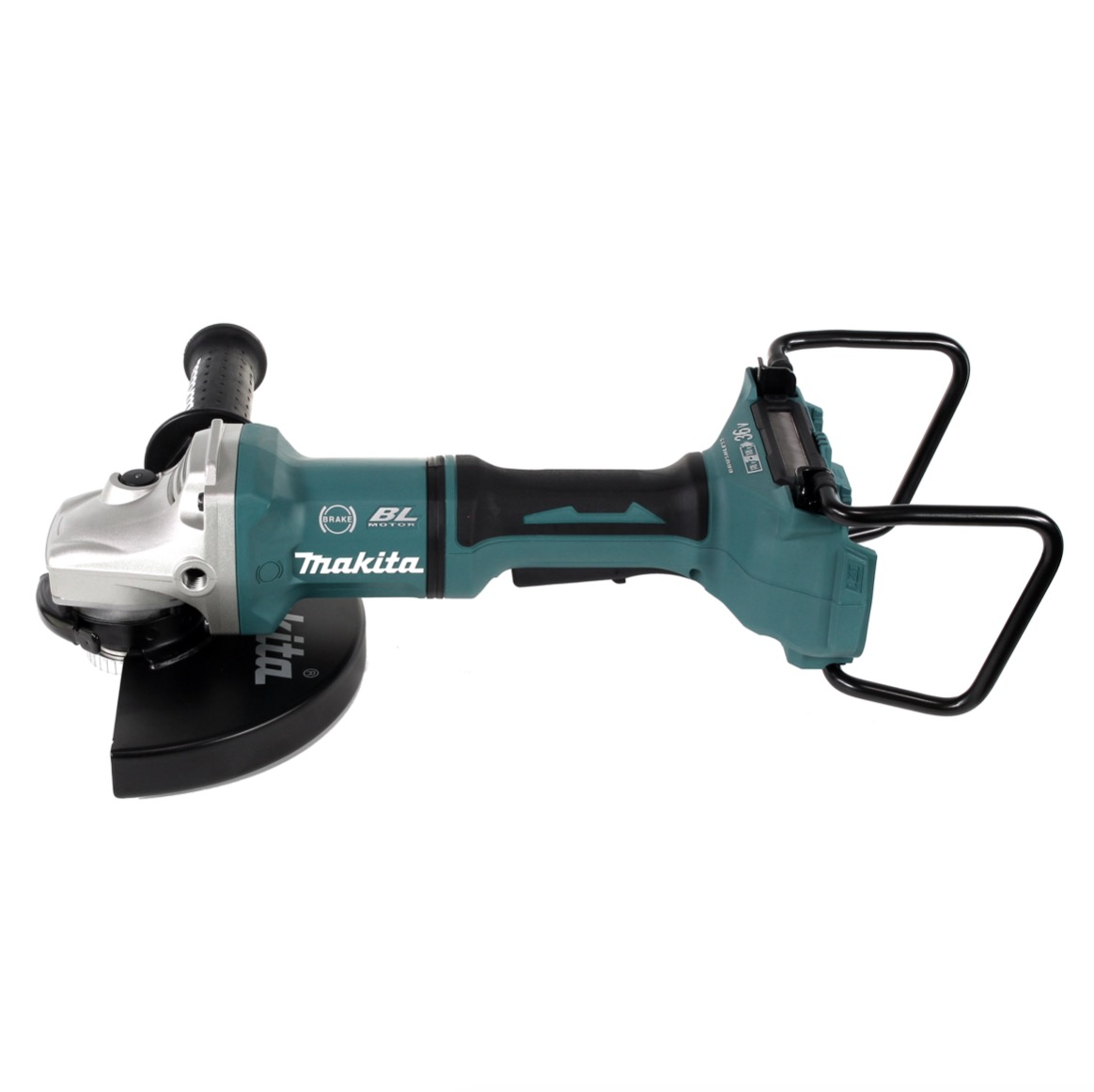 Ein Makita Winkelschleifer liegt horizontal. Er hat einen tealfarbenen Körper, einen schwarzen Griff und eine schwarze Schutzvorrichtung, auf weißem Hintergrund.