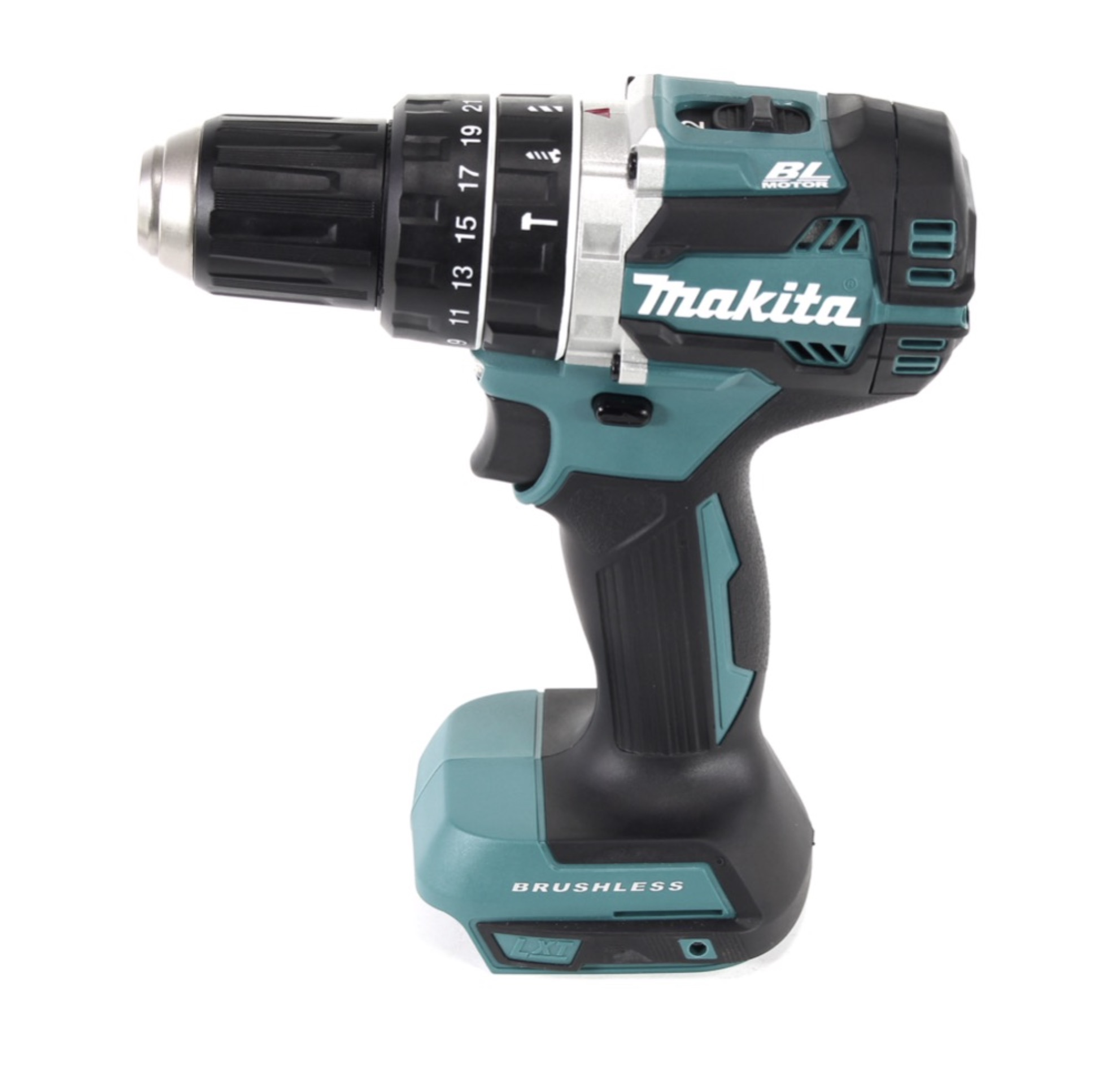 Eine teal-schwarze Makita Akku-Bohrmaschine mit der Aufschrift 'Brushless' auf weißem Hintergrund.
