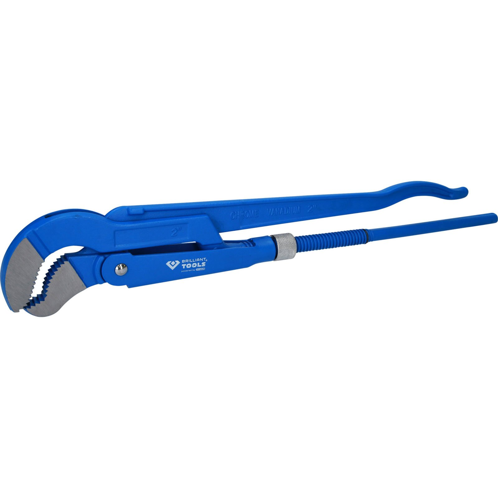 Un chiave per tubi blu con ganasce cromate, etichettata 'Chrome Vanadium 2"' e 'Brilliant Tools'.